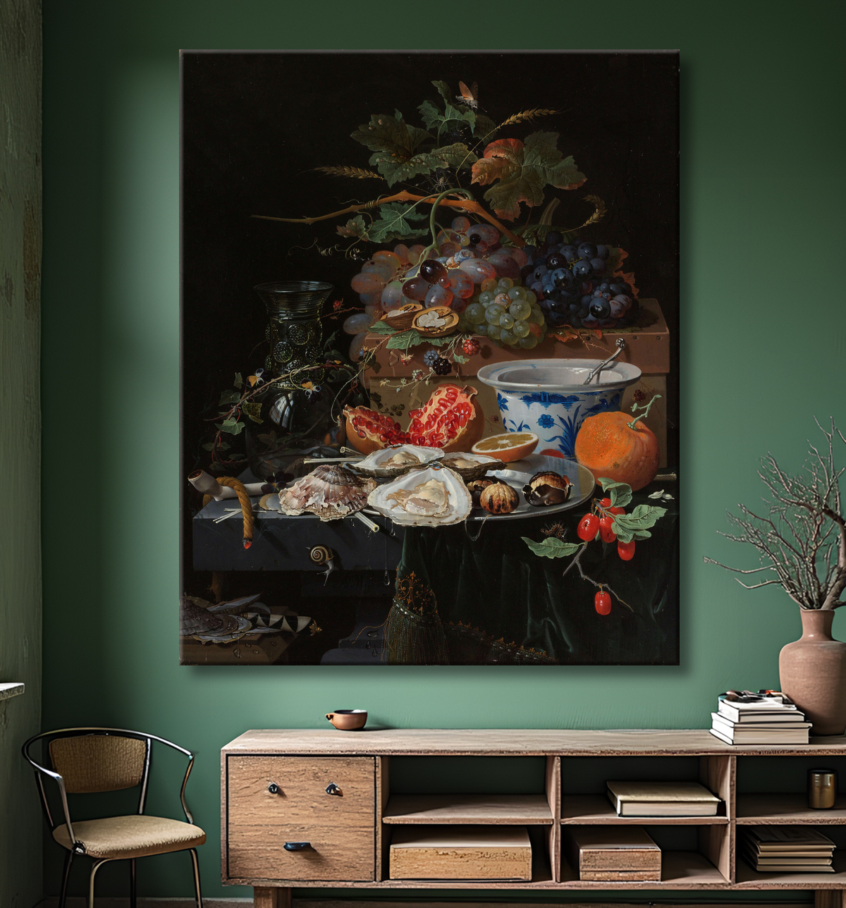 Reproduction Nature morte aux fruits, aux huîtres et au bol en porcelaine de Abraham Mignon avec decor
