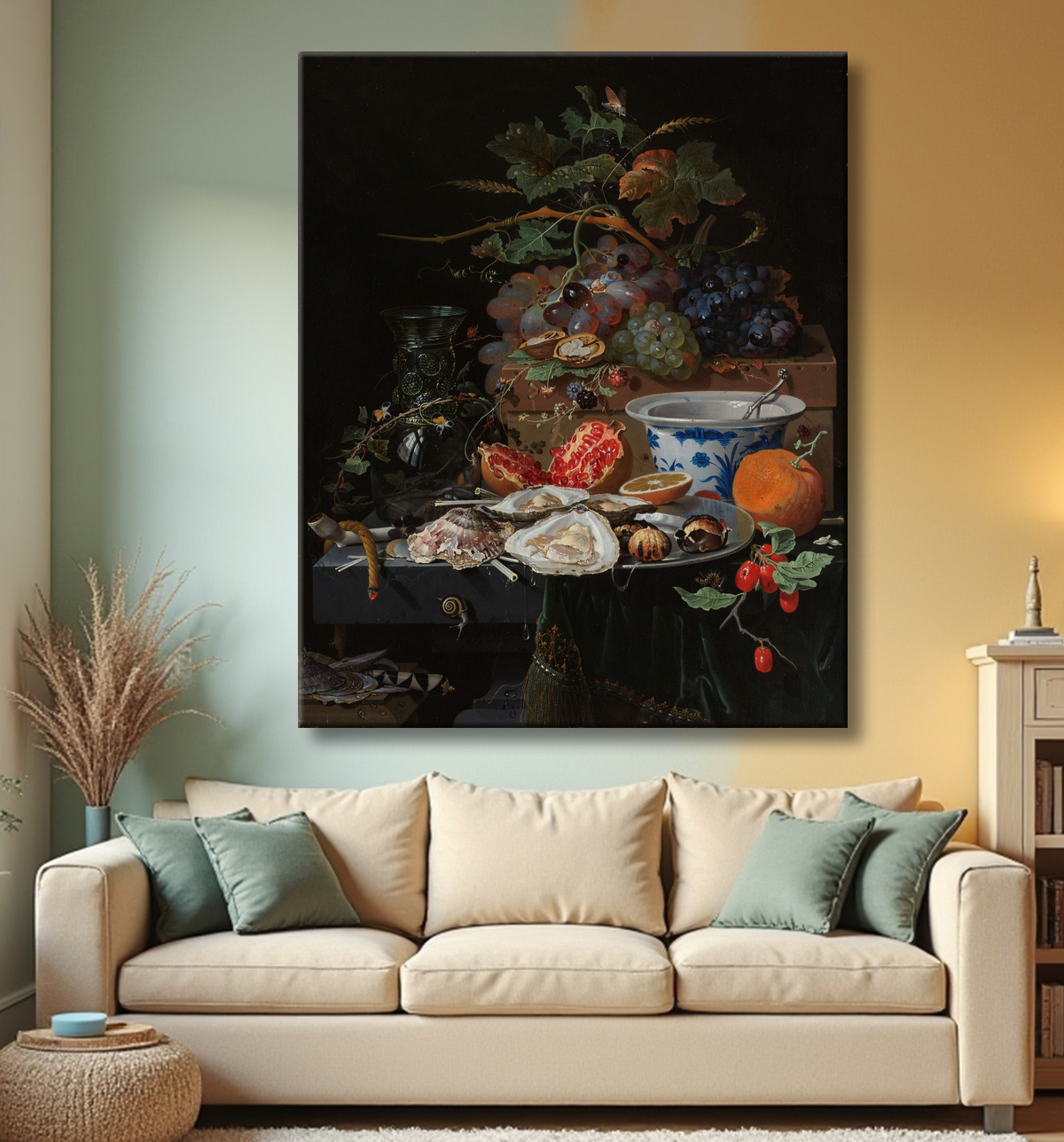 Reproduction Nature morte aux fruits, aux huîtres et au bol en porcelaine de Abraham Mignon avec decor