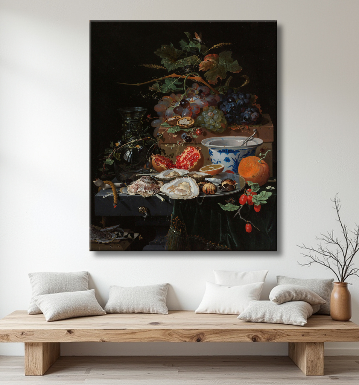 Reproduction Nature morte aux fruits, aux huîtres et au bol en porcelaine de Abraham Mignon avec decor