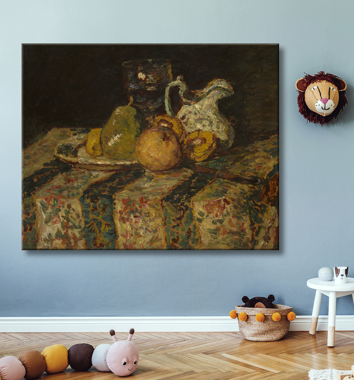 Reproduction Nature morte aux fruits et pichet à vin de Adolphe Joseph Thomas Monticelli avec decor