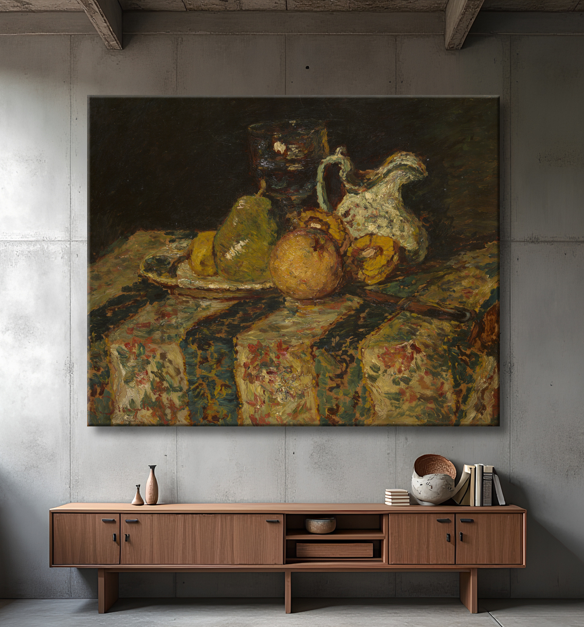 Reproduction Nature morte aux fruits et pichet à vin de Adolphe Joseph Thomas Monticelli avec decor