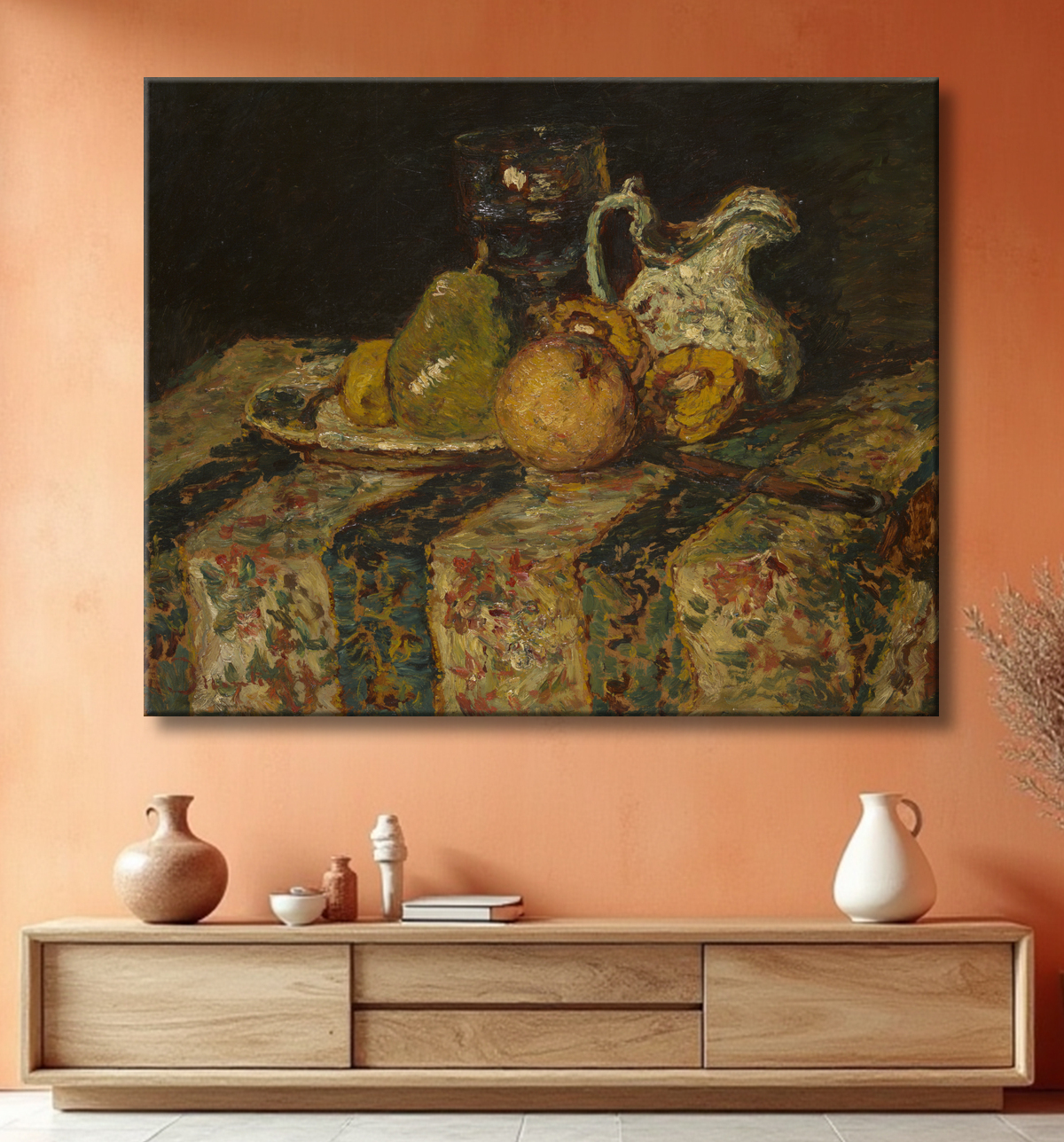 Reproduction Nature morte aux fruits et pichet à vin de Adolphe Joseph Thomas Monticelli avec decor