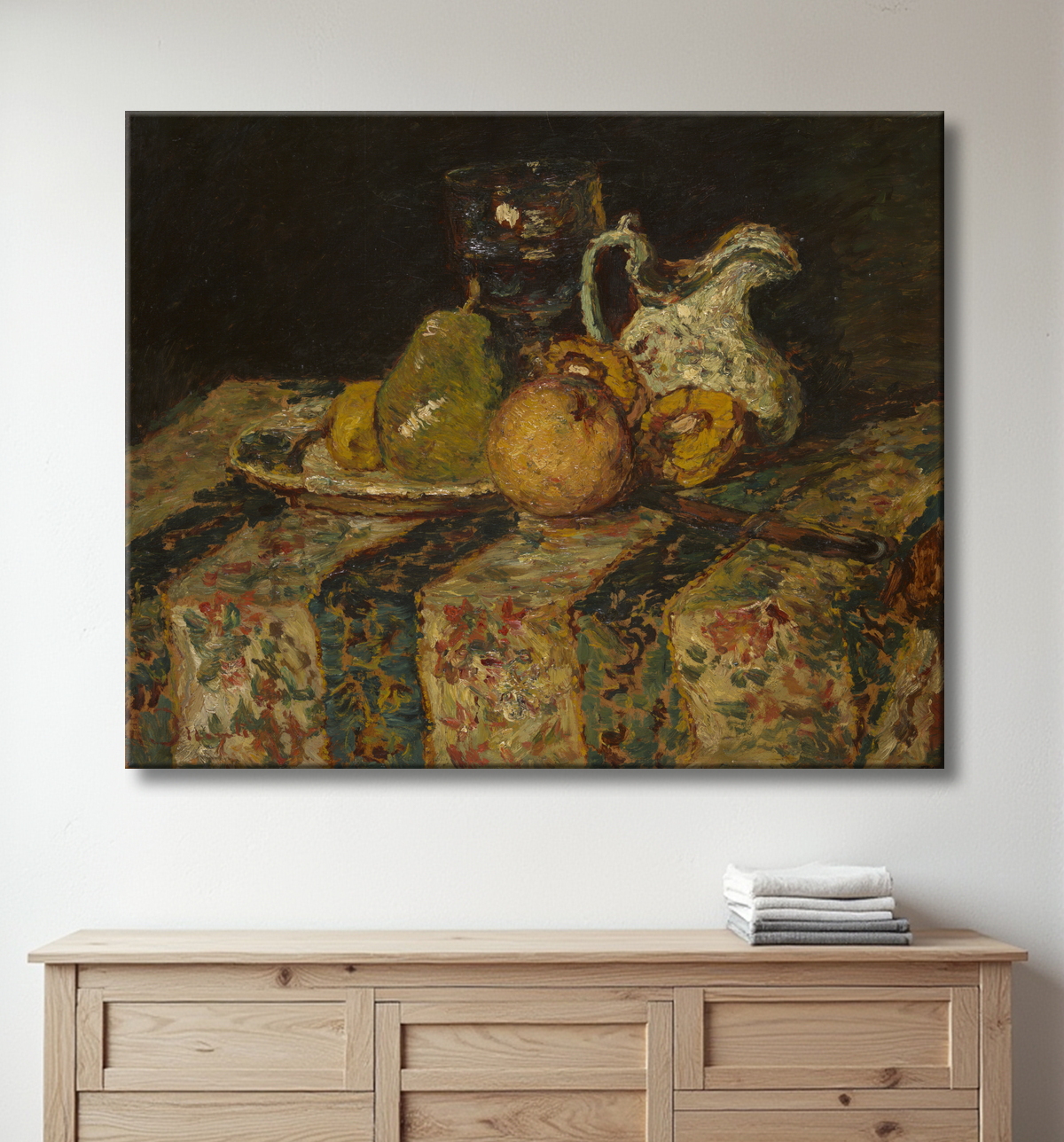 Reproduction Nature morte aux fruits et pichet à vin de Adolphe Joseph Thomas Monticelli avec decor