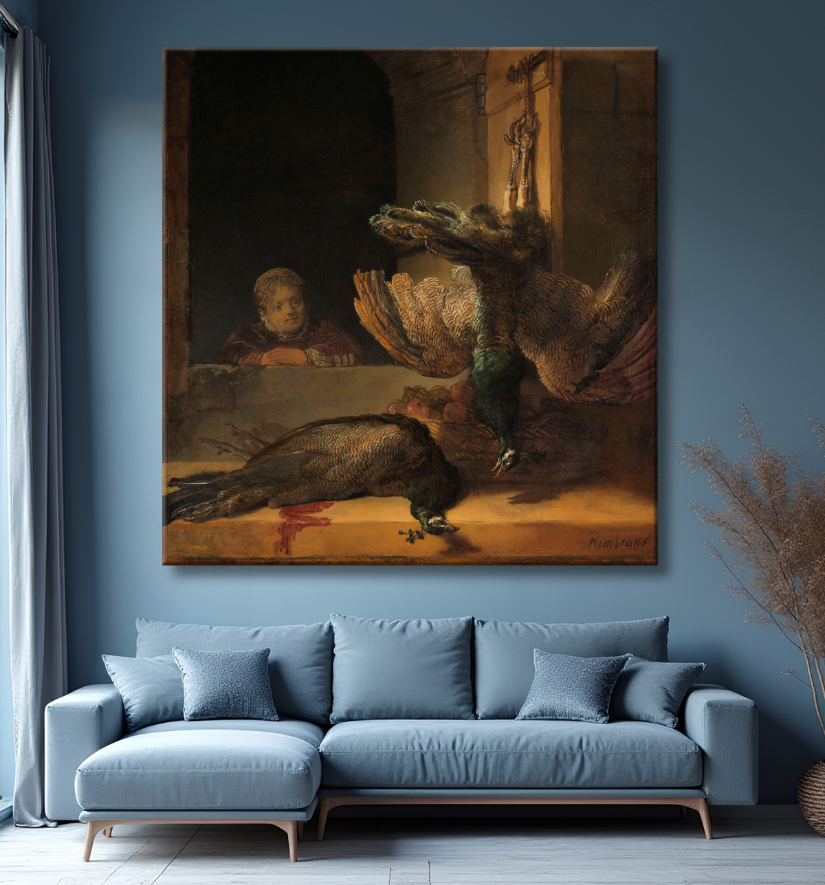 Reproduction Nature morte aux paons de Rembrandt van Rijn avec decor