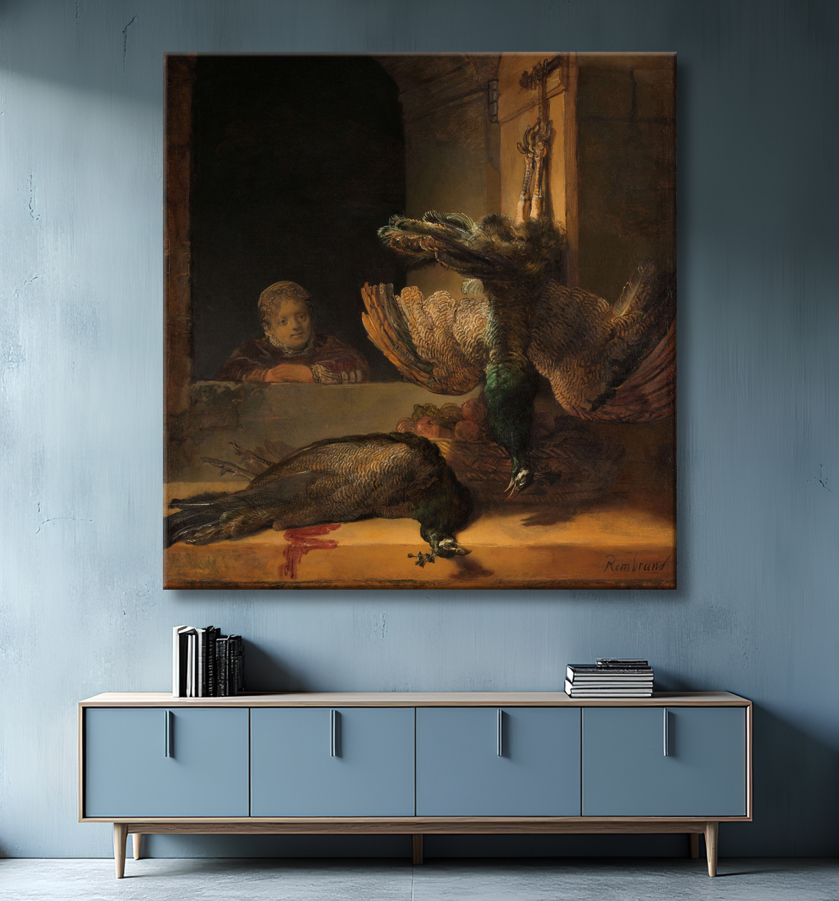 Reproduction Nature morte aux paons de Rembrandt van Rijn avec decor
