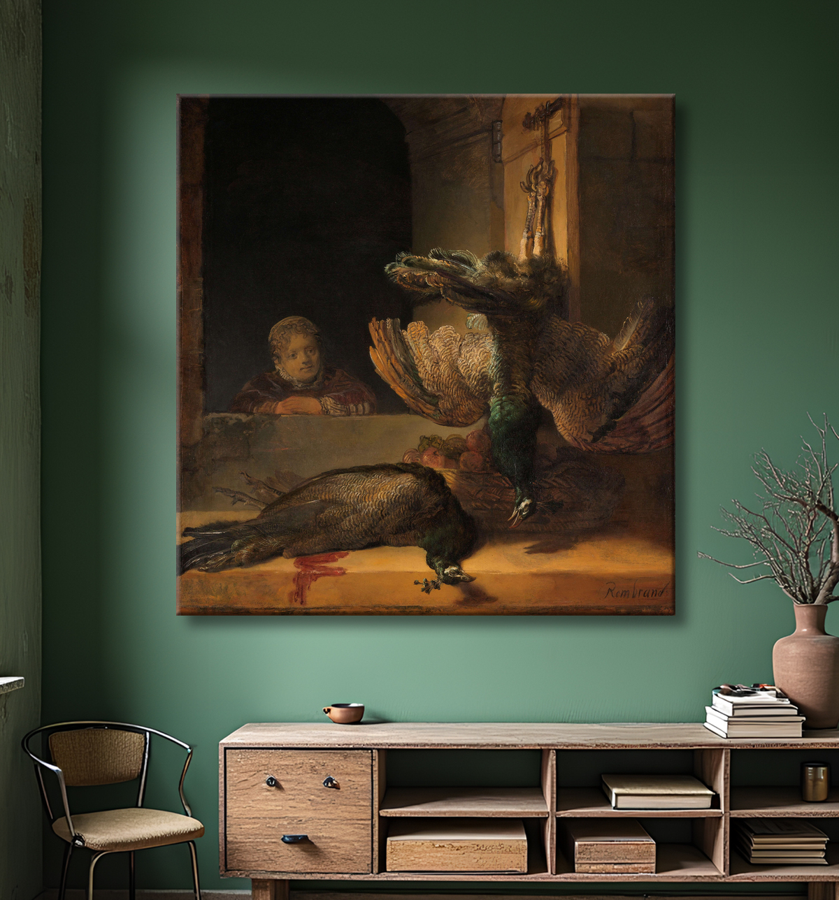 Reproduction Nature morte aux paons de Rembrandt van Rijn avec decor