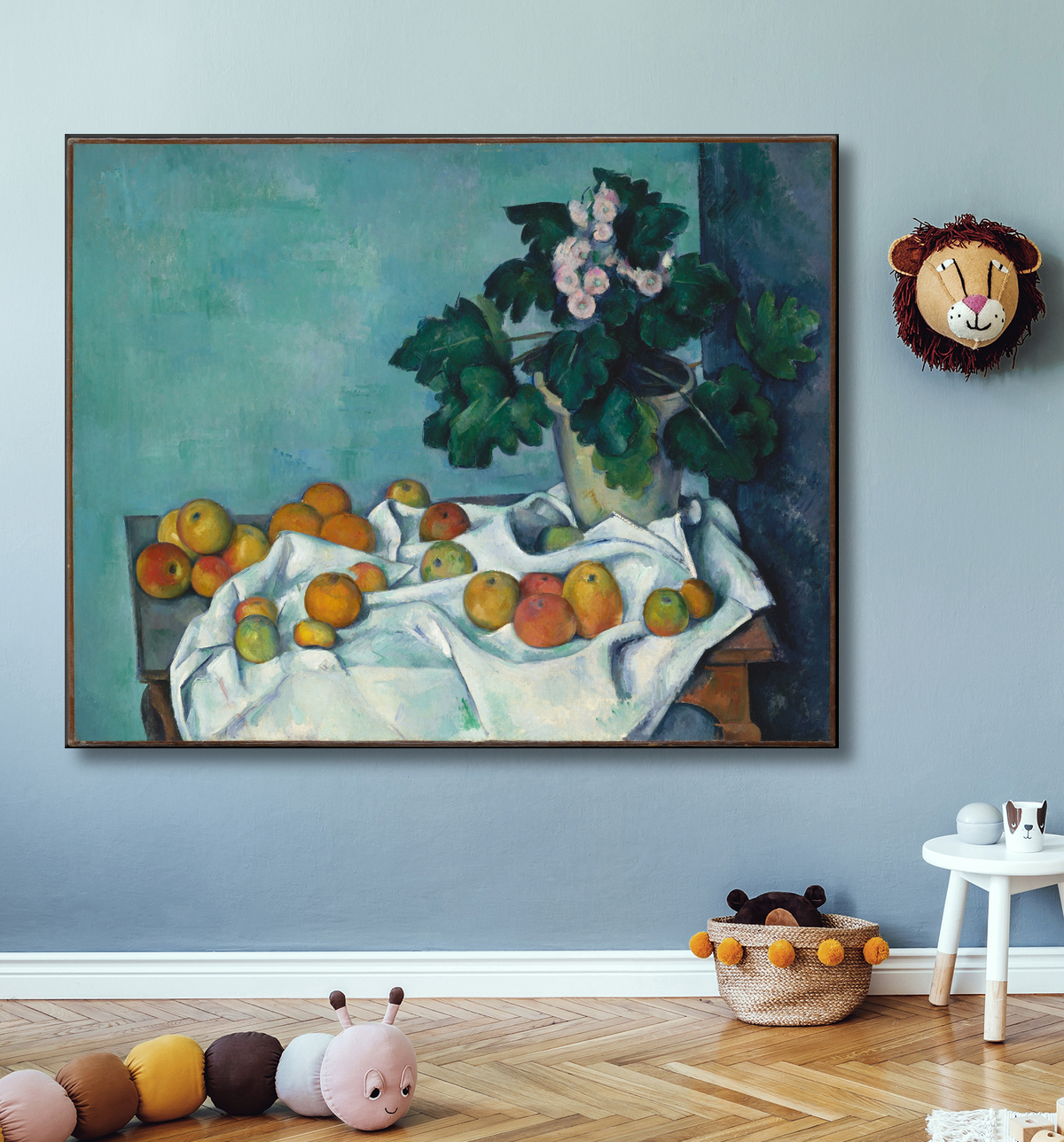 Reproduction Nature morte aux pommes et au pot de primevères de Paul Cézanne avec decor