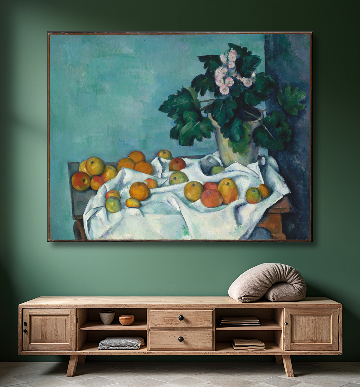 Reproduction Nature morte aux pommes et au pot de primevères de Paul Cézanne avec decor