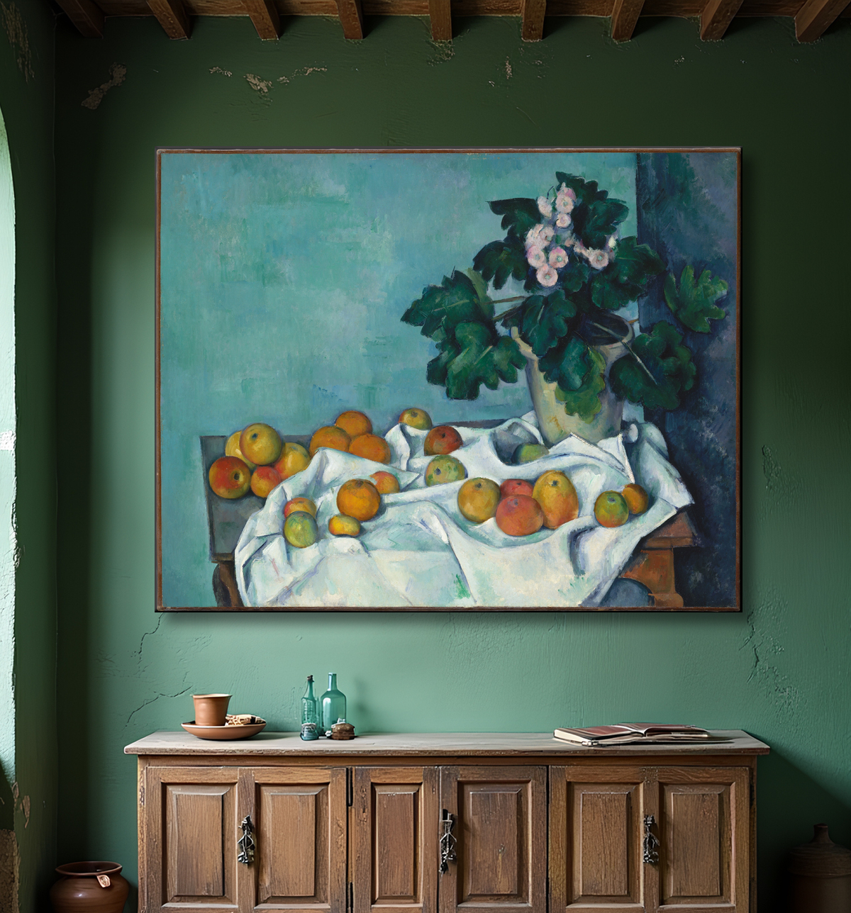 Reproduction Nature morte aux pommes et au pot de primevères de Paul Cézanne avec decor