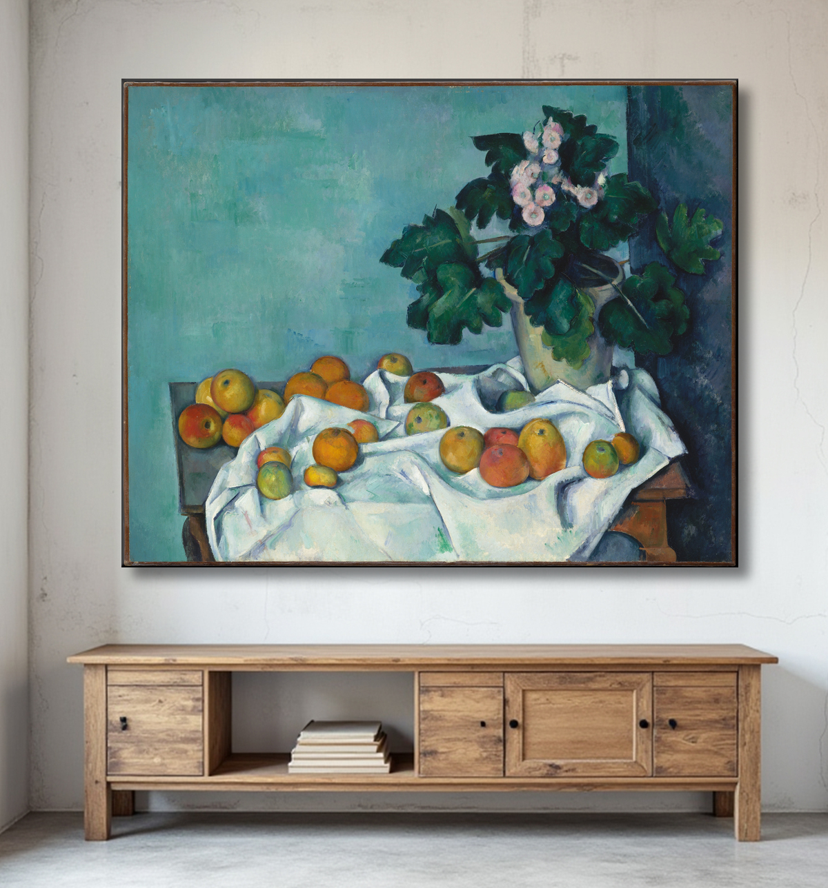 Reproduction Nature morte aux pommes et au pot de primevères de Paul Cézanne avec decor