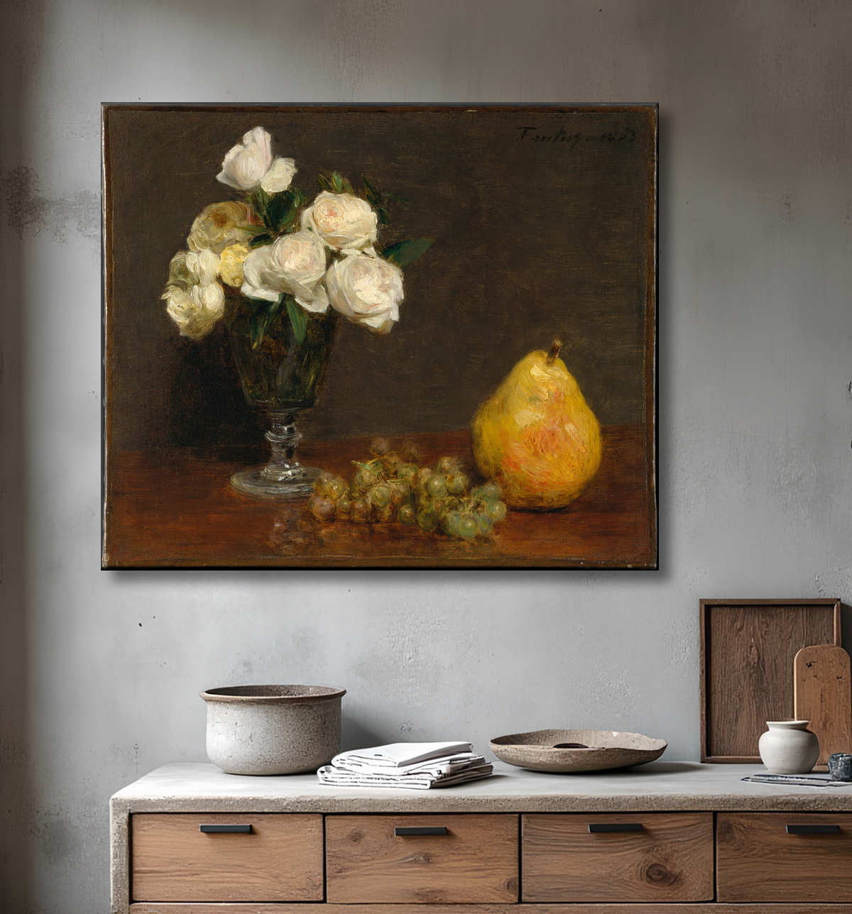 Reproduction Nature morte aux roses et aux fruits de Henri Fantin-Latour avec decor