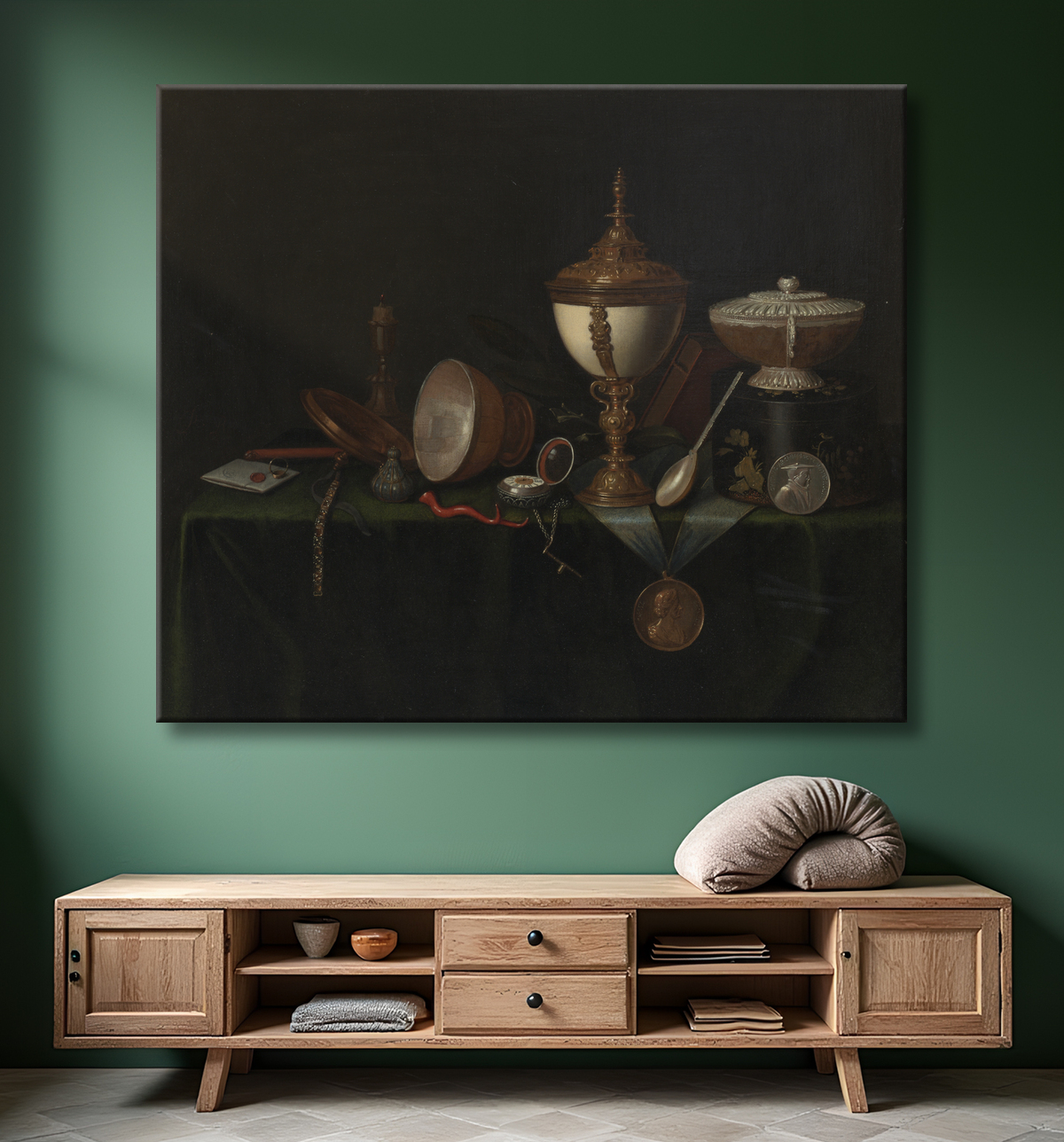 Reproduction Nature morte avec coquetier d'autruche et les héritages de Whitfield de Pieter Gerritsz. van Roestraeten avec decor