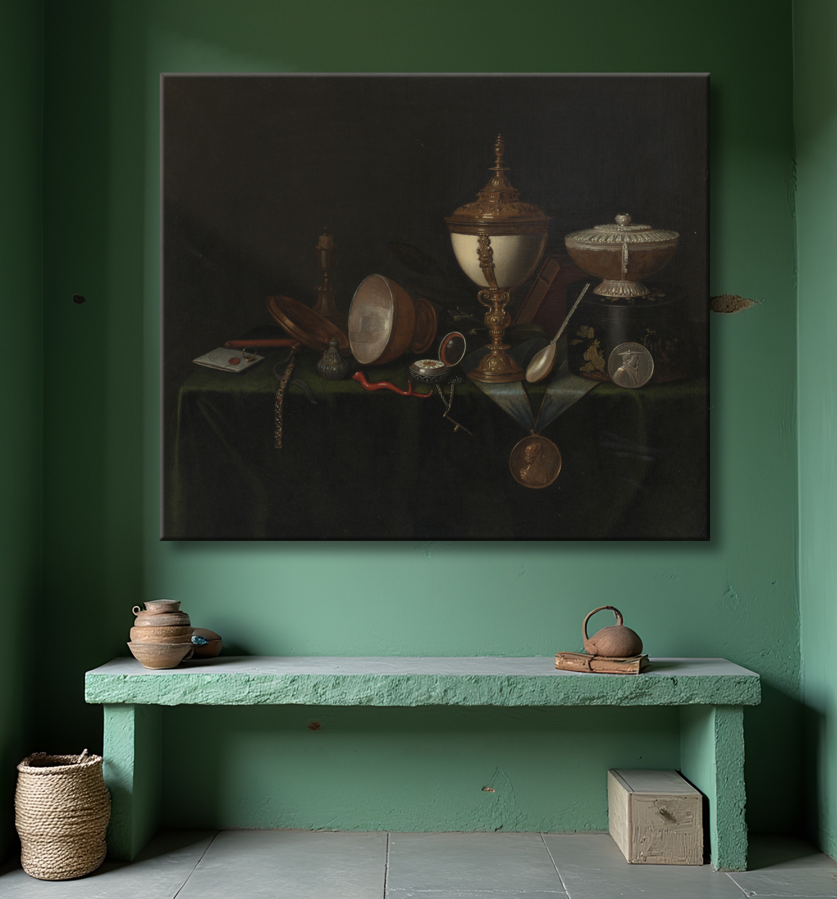 Reproduction Nature morte avec coquetier d'autruche et les héritages de Whitfield de Pieter Gerritsz. van Roestraeten avec decor
