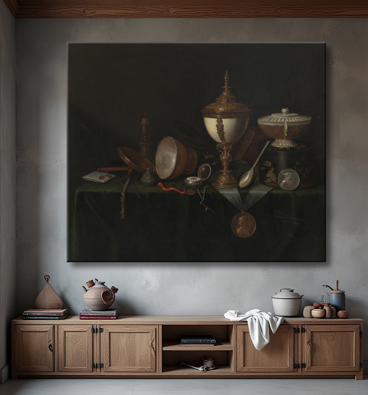 Reproduction Nature morte avec coquetier d'autruche et les héritages de Whitfield de Pieter Gerritsz. van Roestraeten avec decor