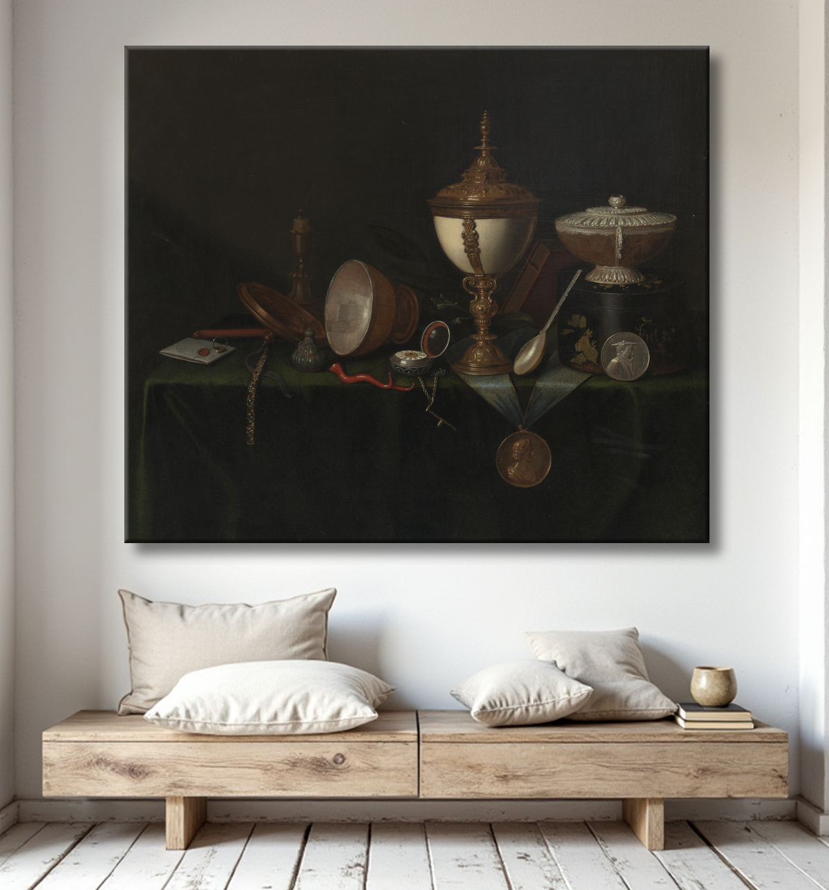 Reproduction Nature morte avec coquetier d'autruche et les héritages de Whitfield de Pieter Gerritsz. van Roestraeten avec decor