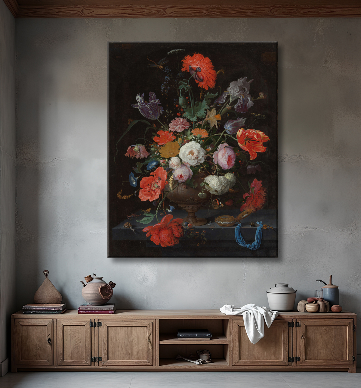 Reproduction Nature morte avec des fleurs et une montre de Abraham Mignon avec decor