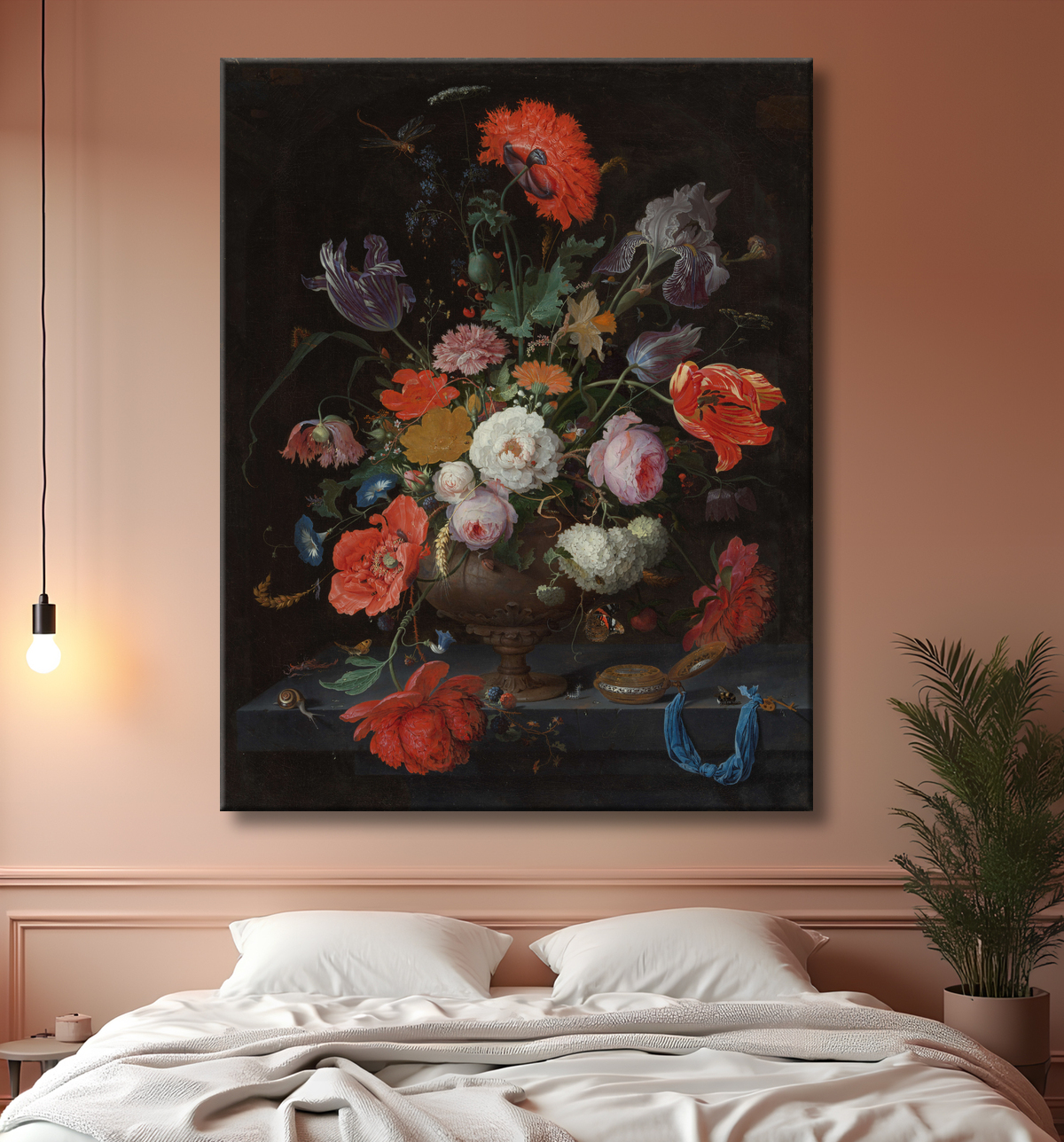 Reproduction Nature morte avec des fleurs et une montre de Abraham Mignon avec decor