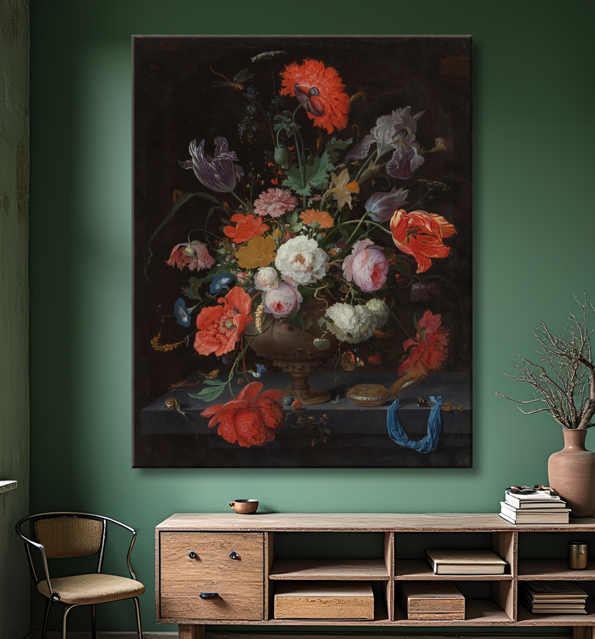 Reproduction Nature morte avec des fleurs et une montre de Abraham Mignon avec decor
