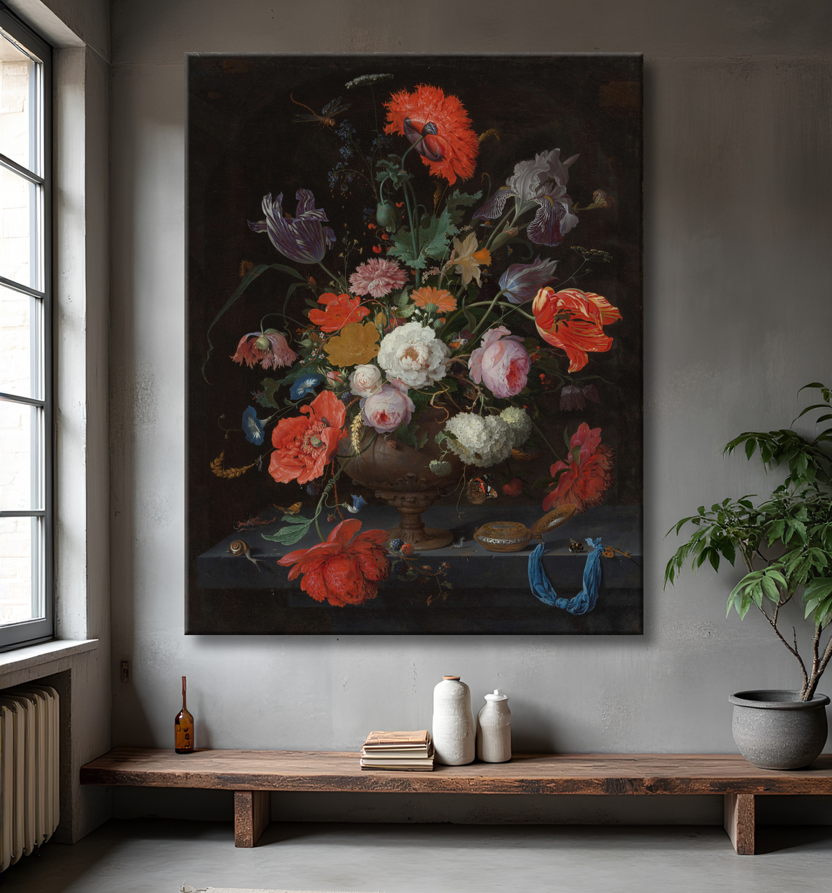 Reproduction Nature morte avec des fleurs et une montre de Abraham Mignon avec decor