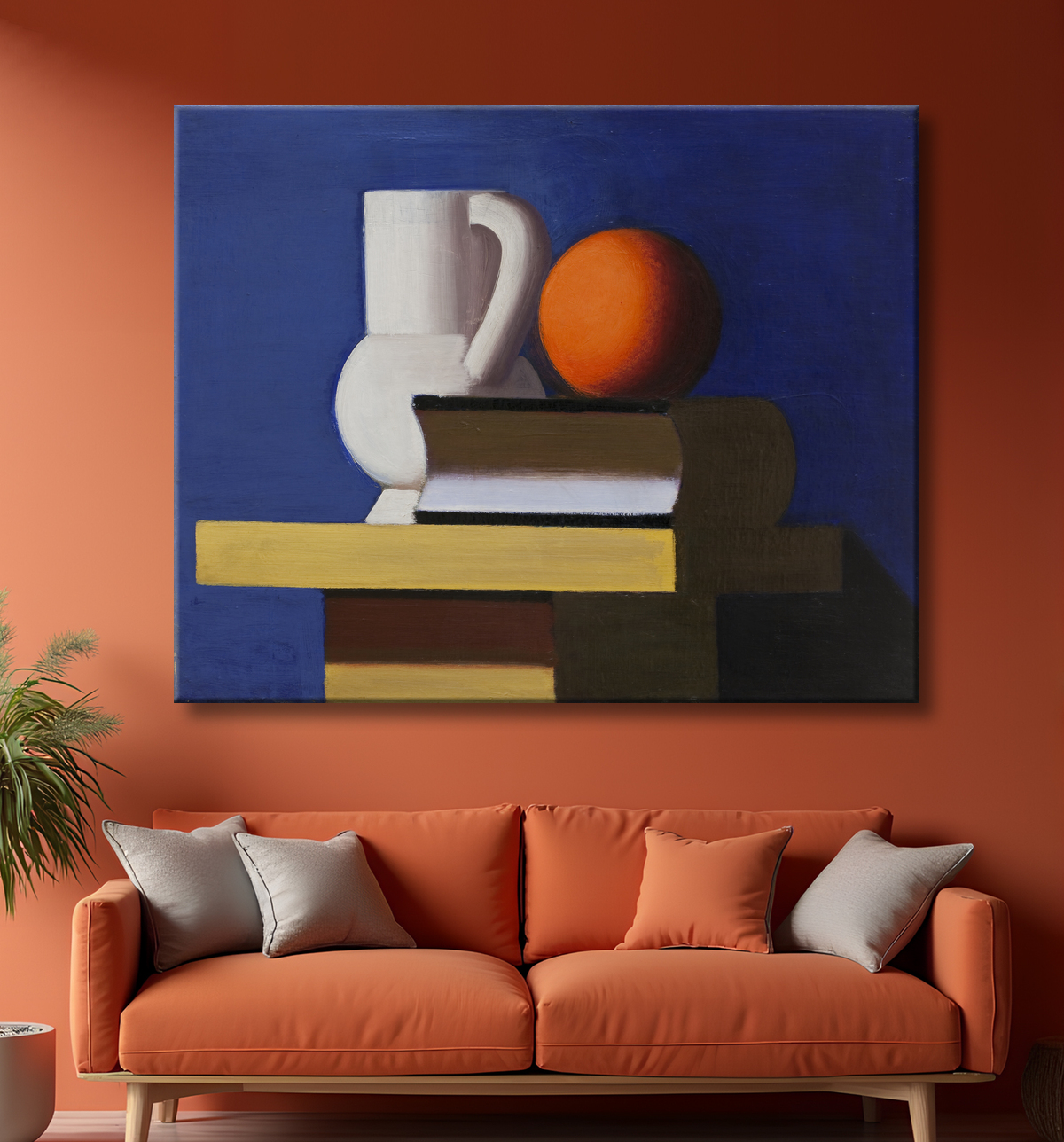 Reproduction Nature morte avec pot blanc, orange et livre de Lundstrøm, Vilhelm avec decor