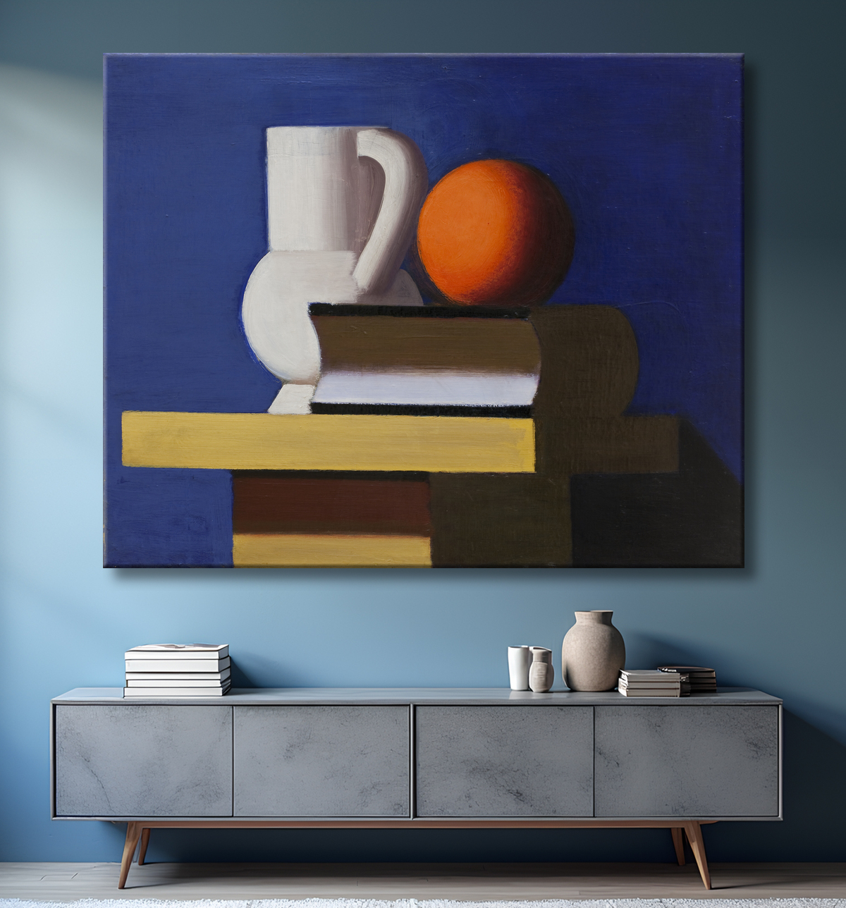 Reproduction Nature morte avec pot blanc, orange et livre de Lundstrøm, Vilhelm avec decor