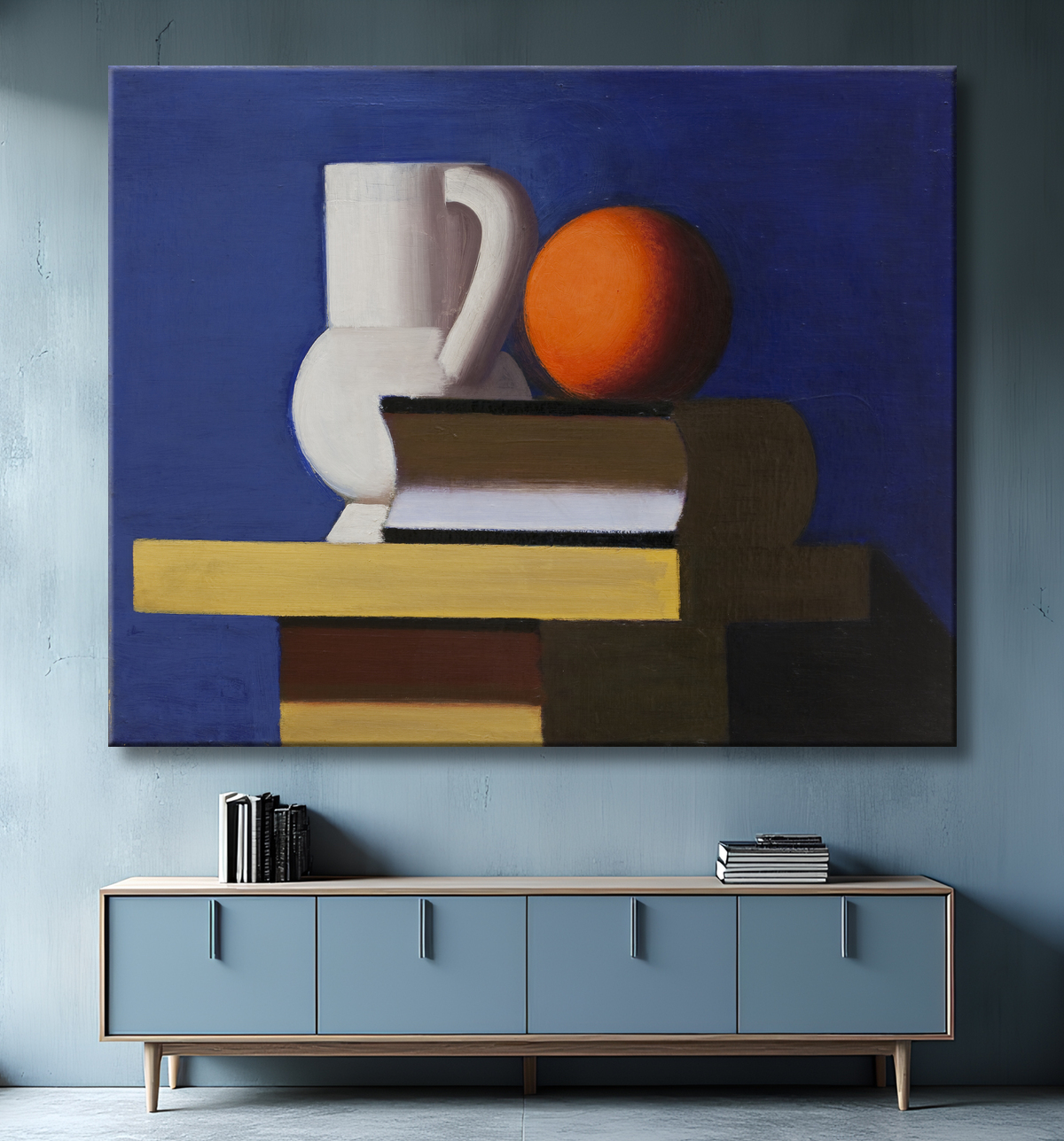 Reproduction Nature morte avec pot blanc, orange et livre de Lundstrøm, Vilhelm avec decor