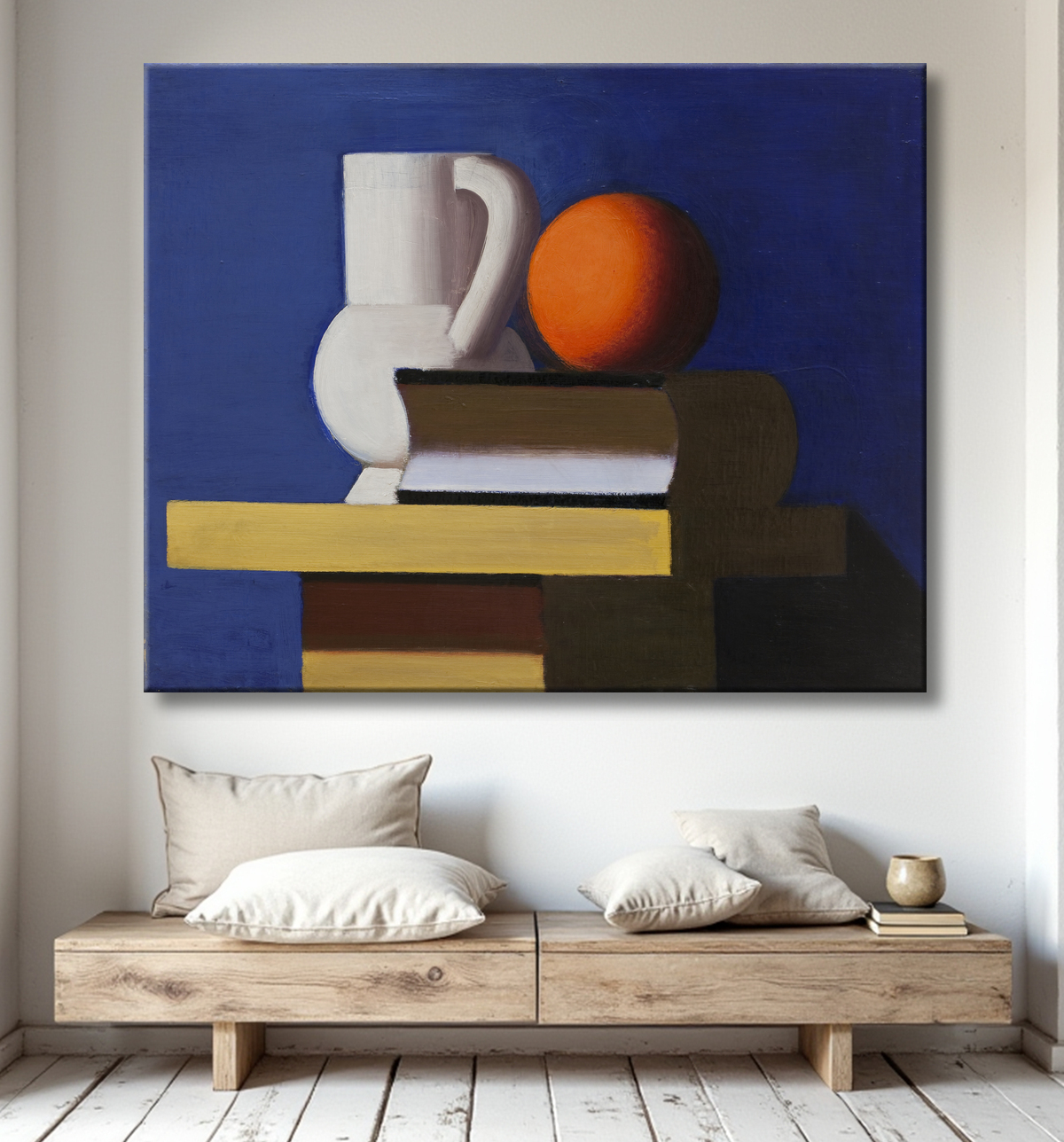 Reproduction Nature morte avec pot blanc, orange et livre de Lundstrøm, Vilhelm avec decor