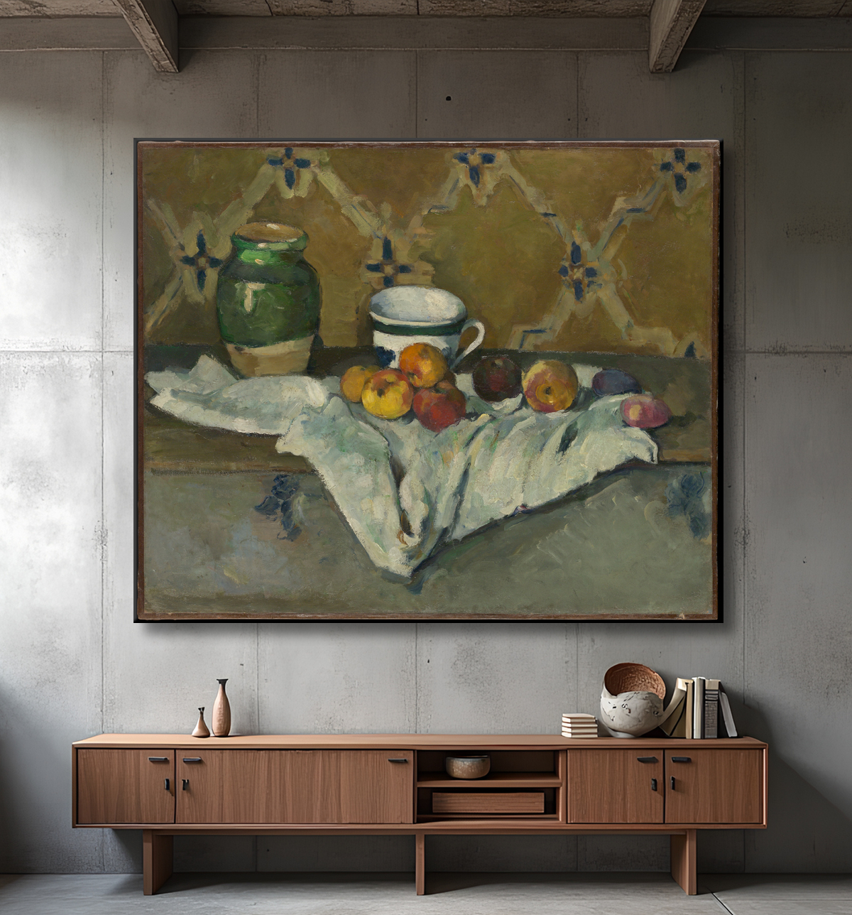 Reproduction Nature morte avec pot, tasse et pommes de Paul Cézanne avec decor