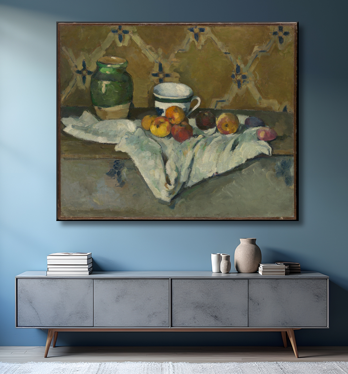 Reproduction Nature morte avec pot, tasse et pommes de Paul Cézanne avec decor