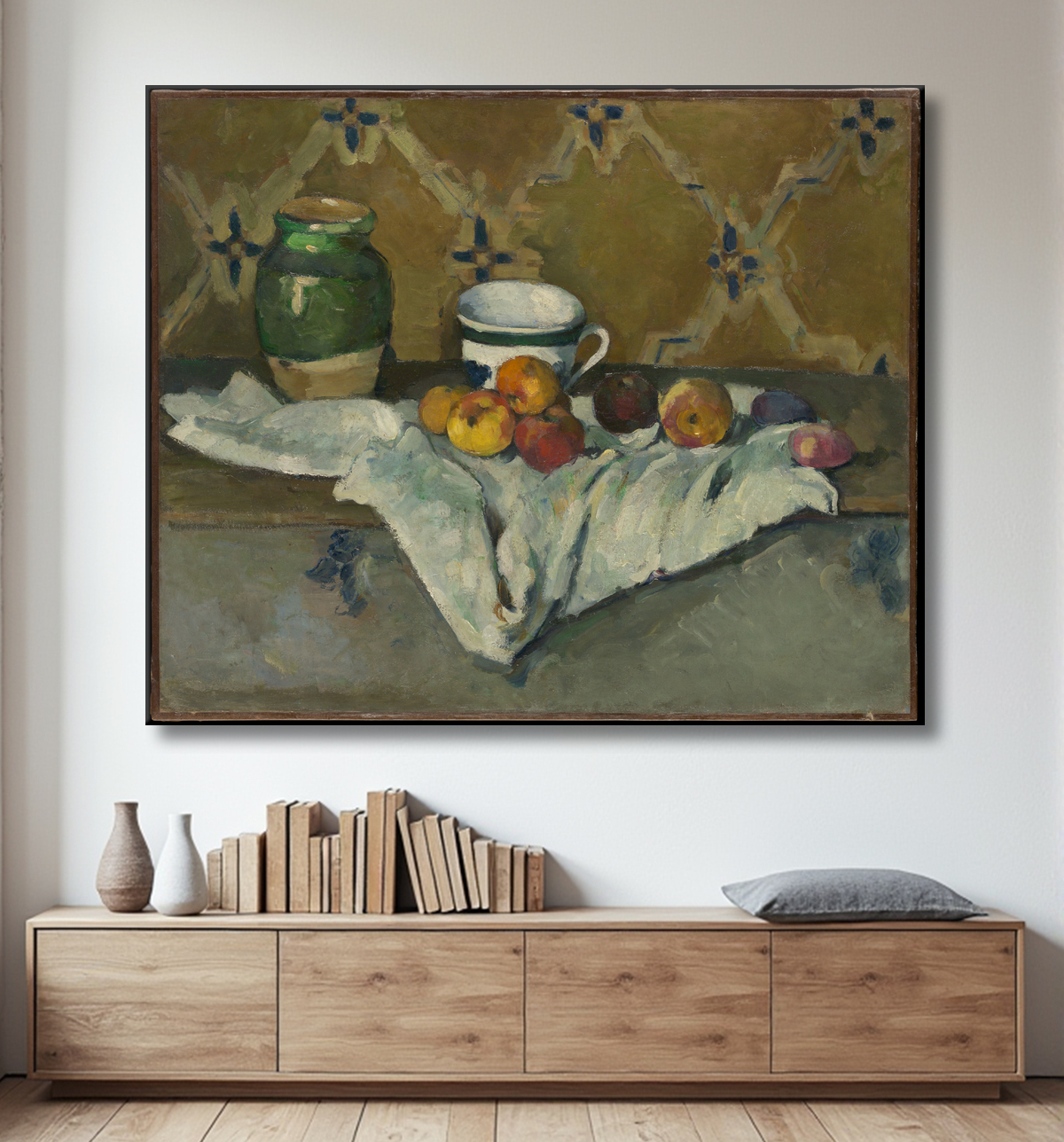Reproduction Nature morte avec pot, tasse et pommes de Paul Cézanne avec decor