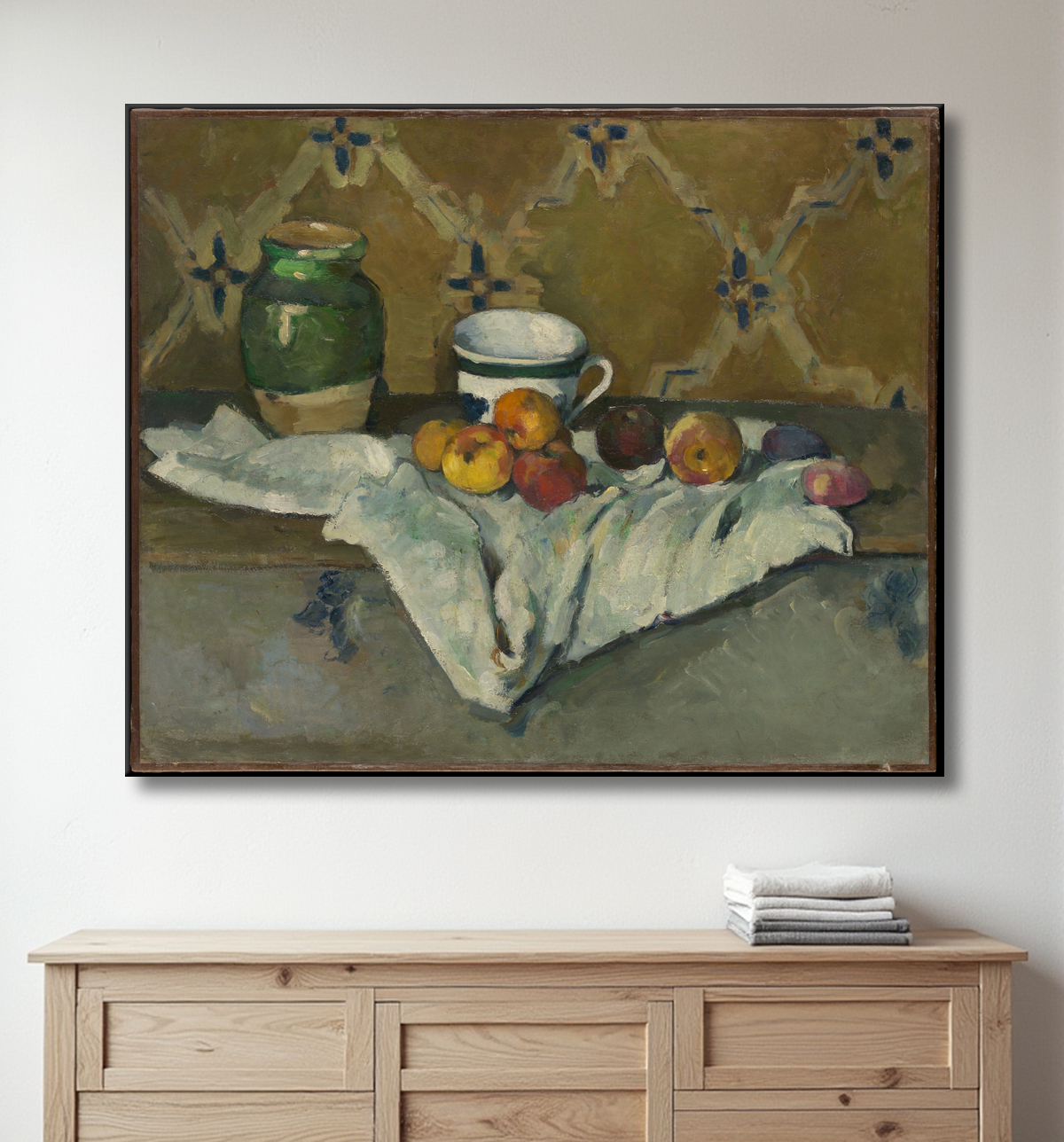 Reproduction Nature morte avec pot, tasse et pommes de Paul Cézanne avec decor