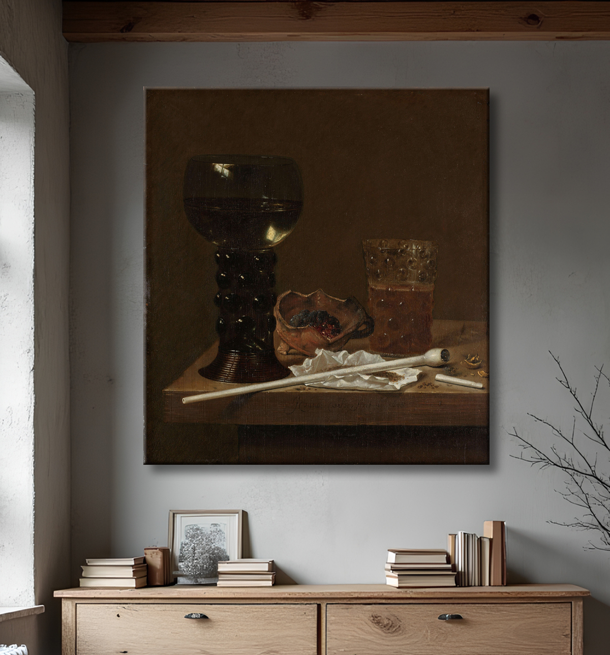 Reproduction Nature morte avec Roemer, verre à bière et pipe de Jan Jansz. van de Velde (III) avec decor