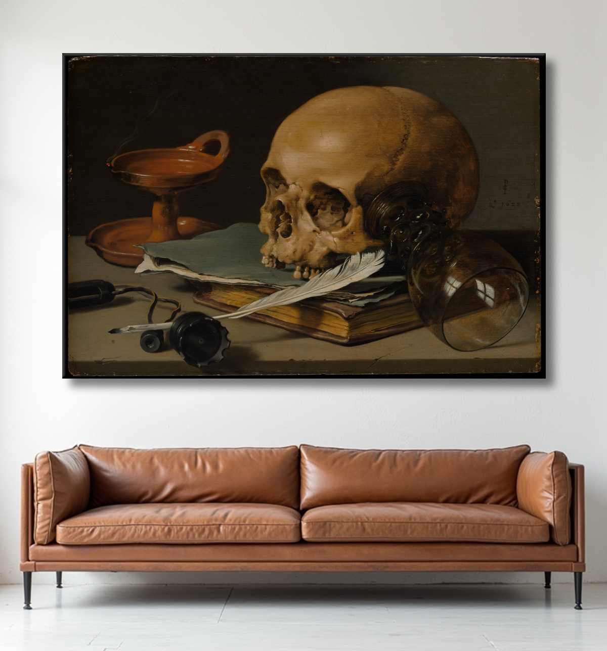 Reproduction Nature morte avec un crâne et une plume d'écriture de Pieter Claesz avec decor