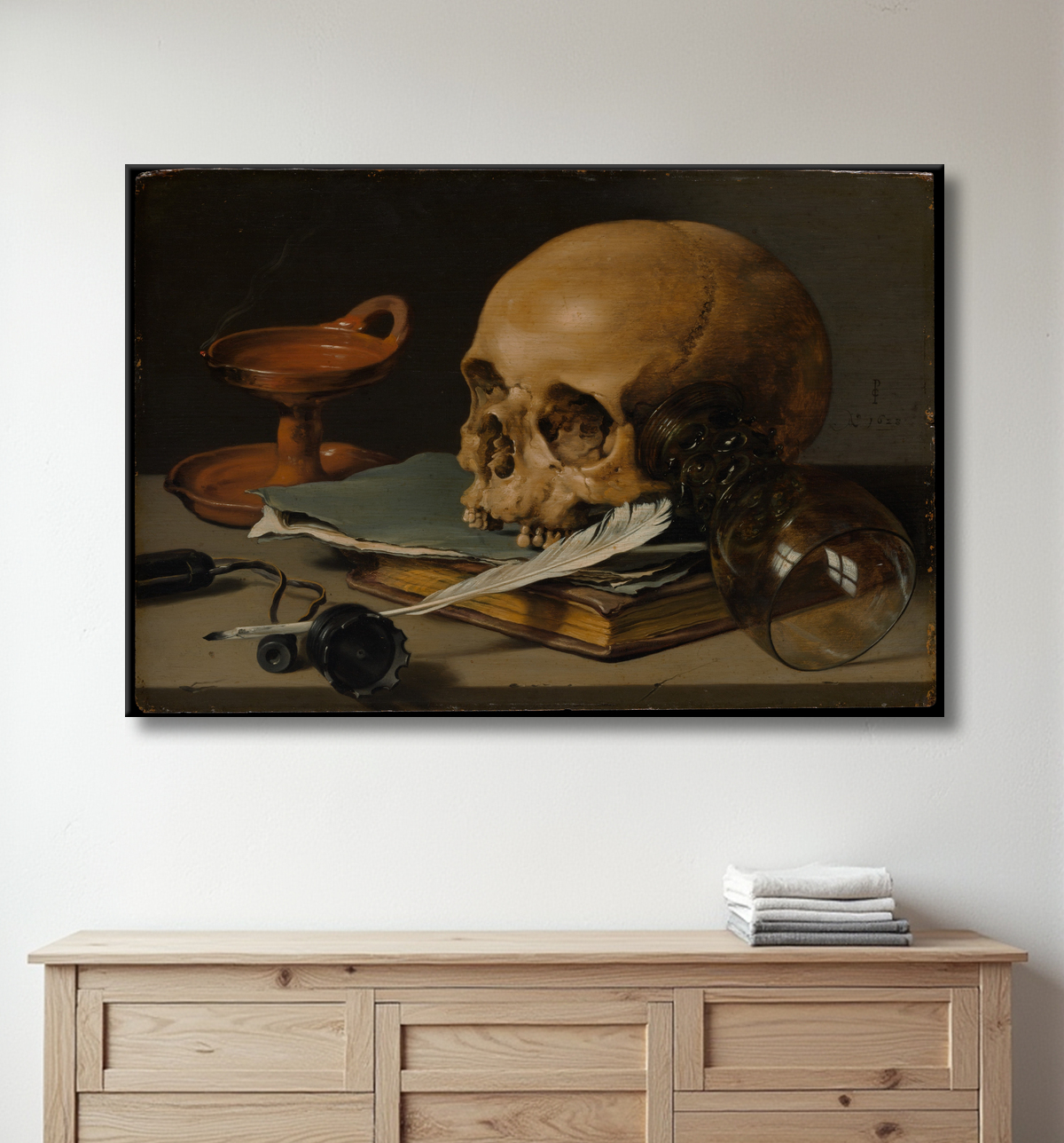 Reproduction Nature morte avec un crâne et une plume d'écriture de Pieter Claesz avec decor