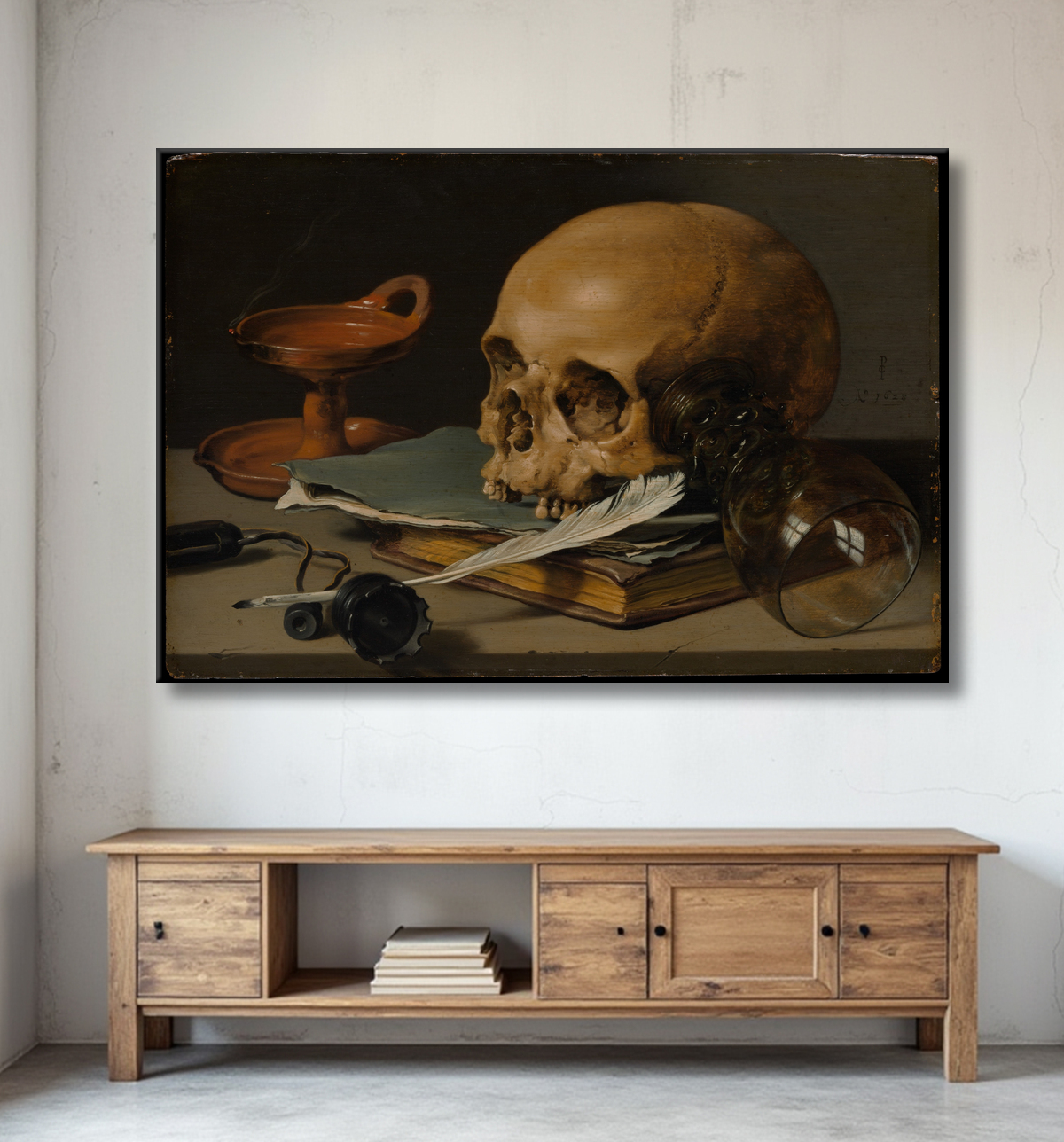 Reproduction Nature morte avec un crâne et une plume d'écriture de Pieter Claesz avec decor