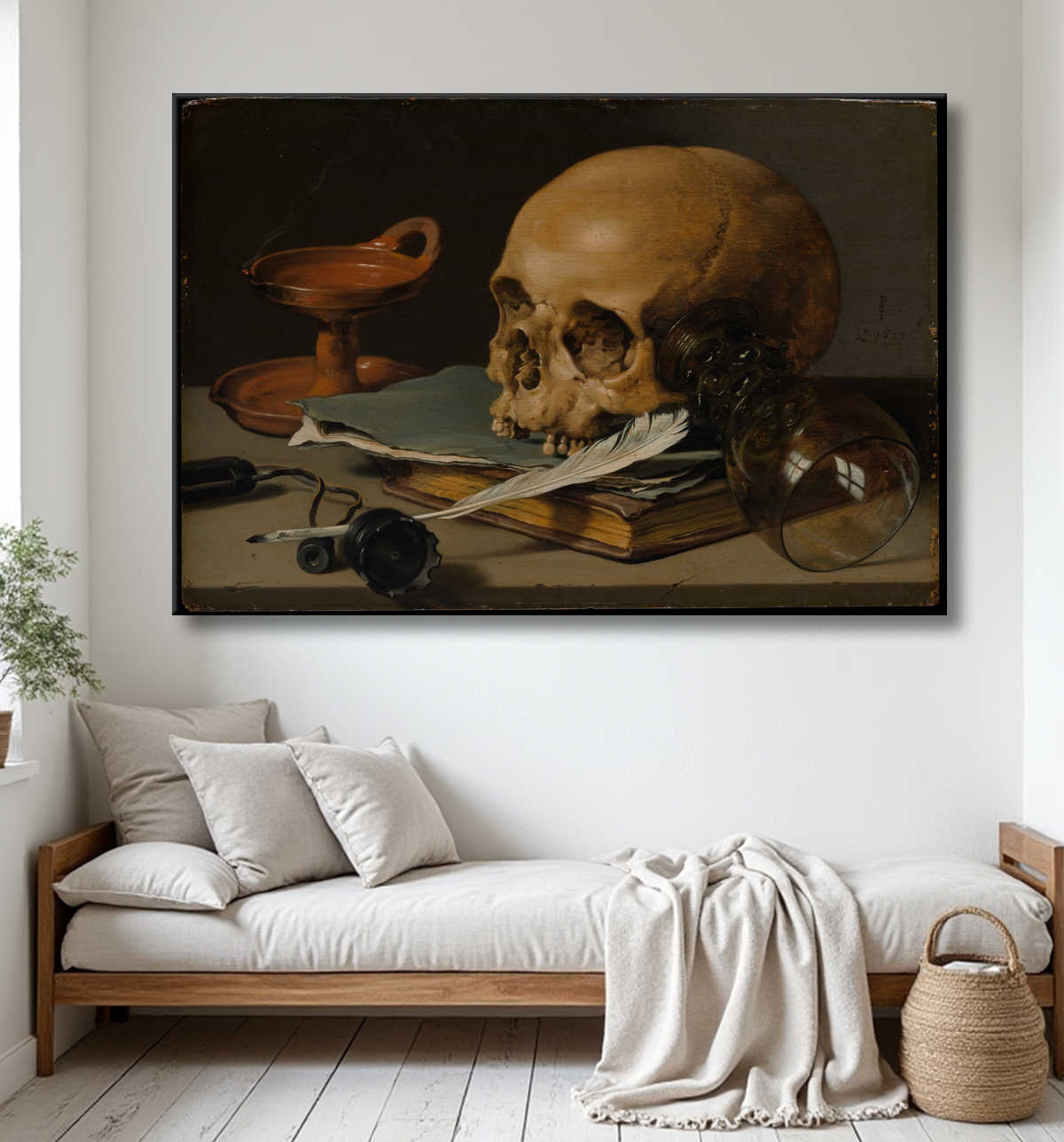 Reproduction Nature morte avec un crâne et une plume d'écriture de Pieter Claesz avec decor