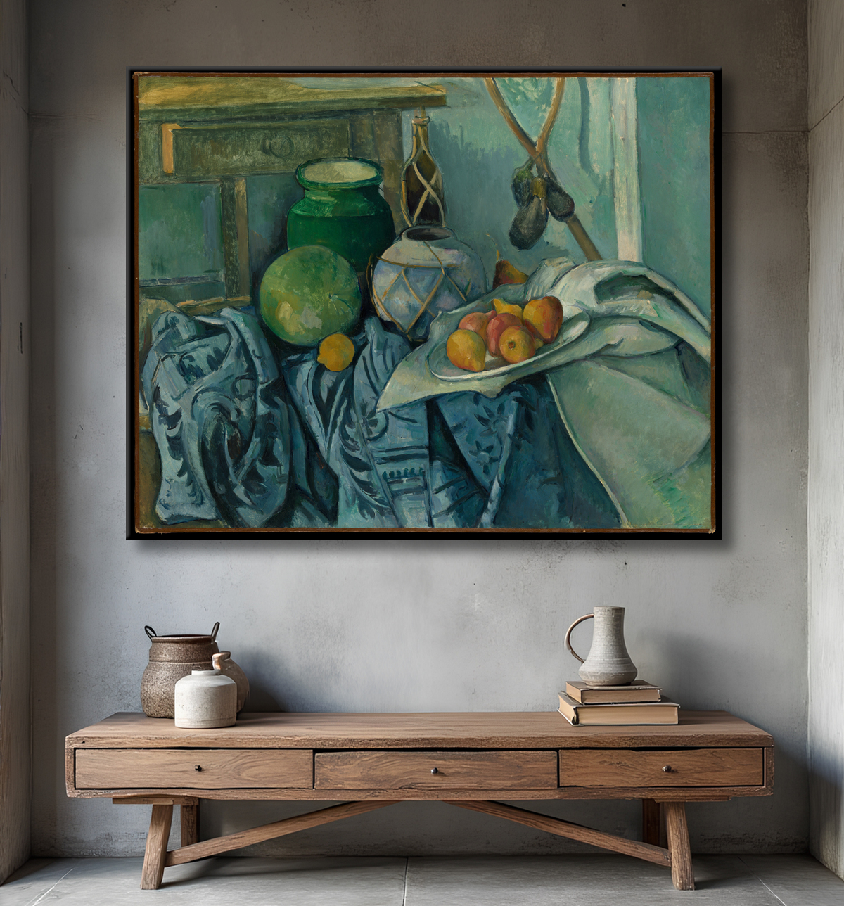 Reproduction Nature morte avec un pot de gingembre et des aubergines de Paul Cézanne avec decor
