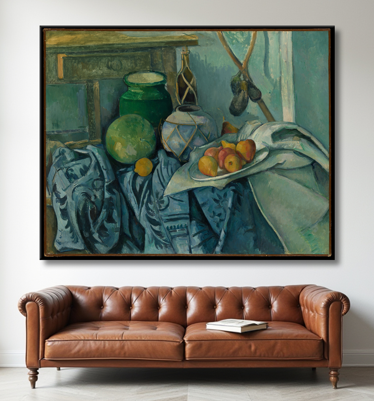 Reproduction Nature morte avec un pot de gingembre et des aubergines de Paul Cézanne avec decor