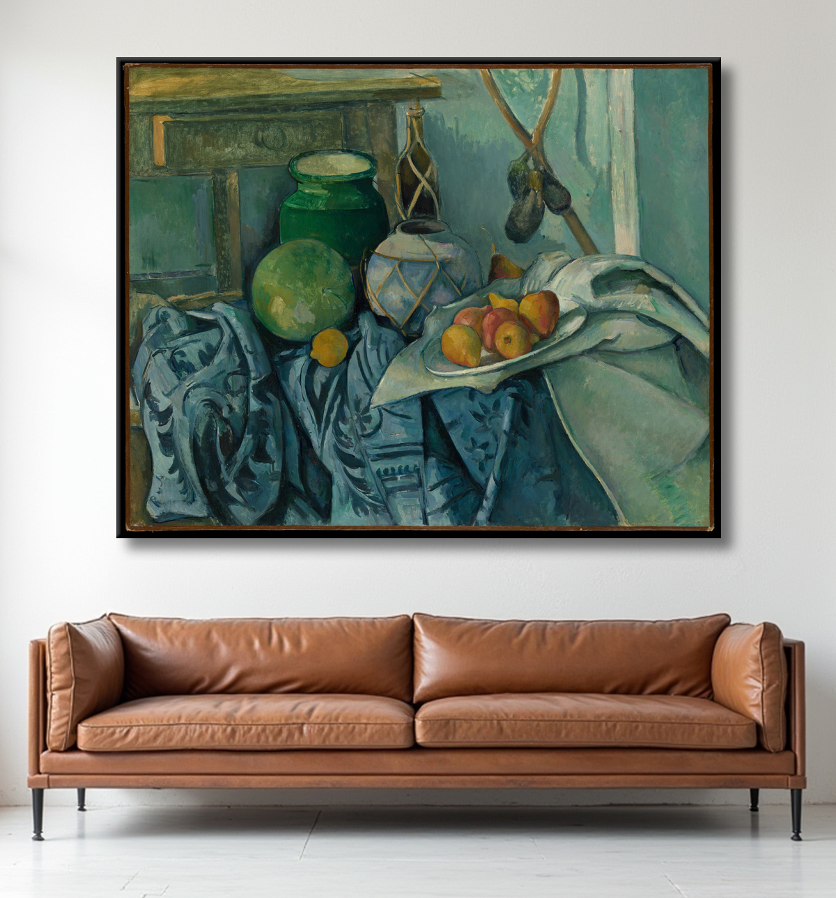 Reproduction Nature morte avec un pot de gingembre et des aubergines de Paul Cézanne avec decor