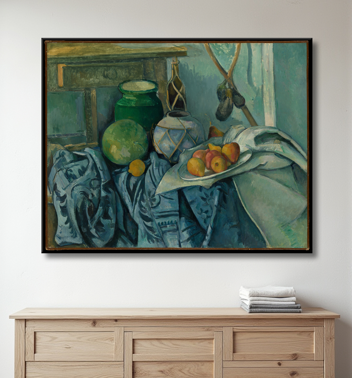 Reproduction Nature morte avec un pot de gingembre et des aubergines de Paul Cézanne avec decor