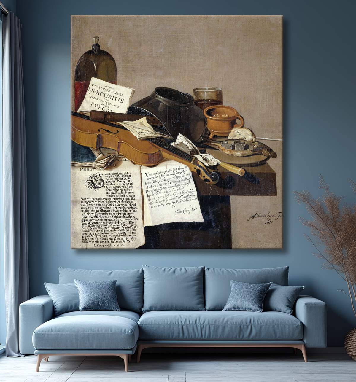 Reproduction Nature morte avec une copie de De Waere Mercurius, un journal grand format avec la nouvelle de la victoire de Tromp sur trois navires anglais le 28 juin 1639, et un poème racontant l'histoire d'Apelle et du cordonnier de Anthonius Leemans avec decor