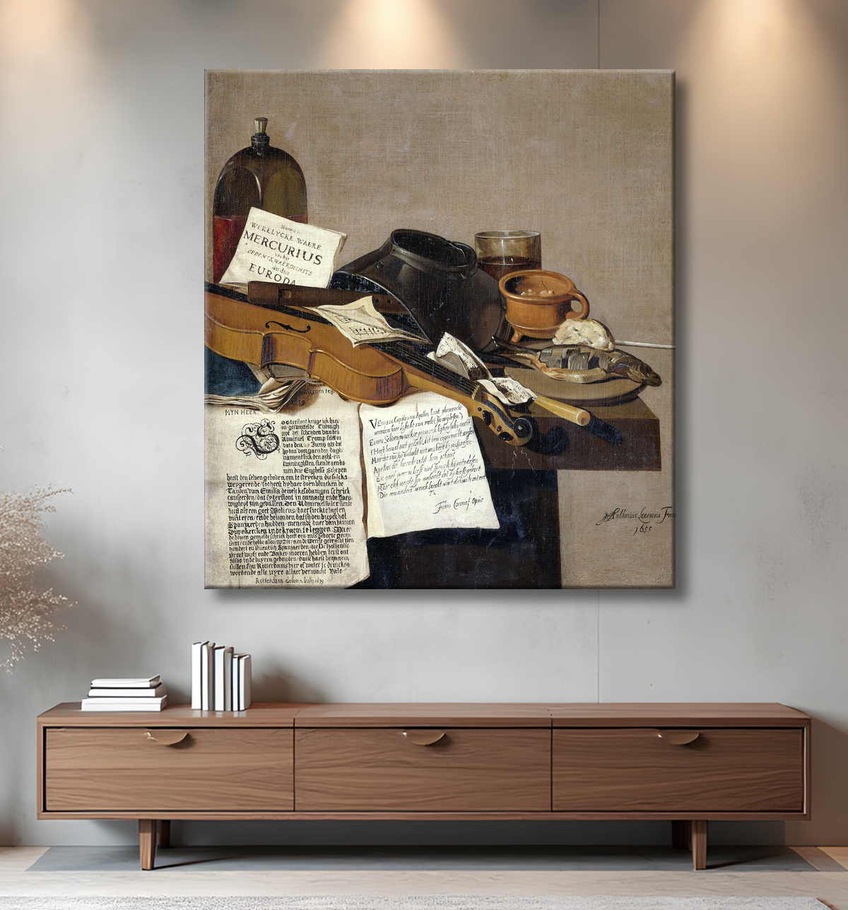 Reproduction Nature morte avec une copie de De Waere Mercurius, un journal grand format avec la nouvelle de la victoire de Tromp sur trois navires anglais le 28 juin 1639, et un poème racontant l'histoire d'Apelle et du cordonnier de Anthonius Leemans avec decor