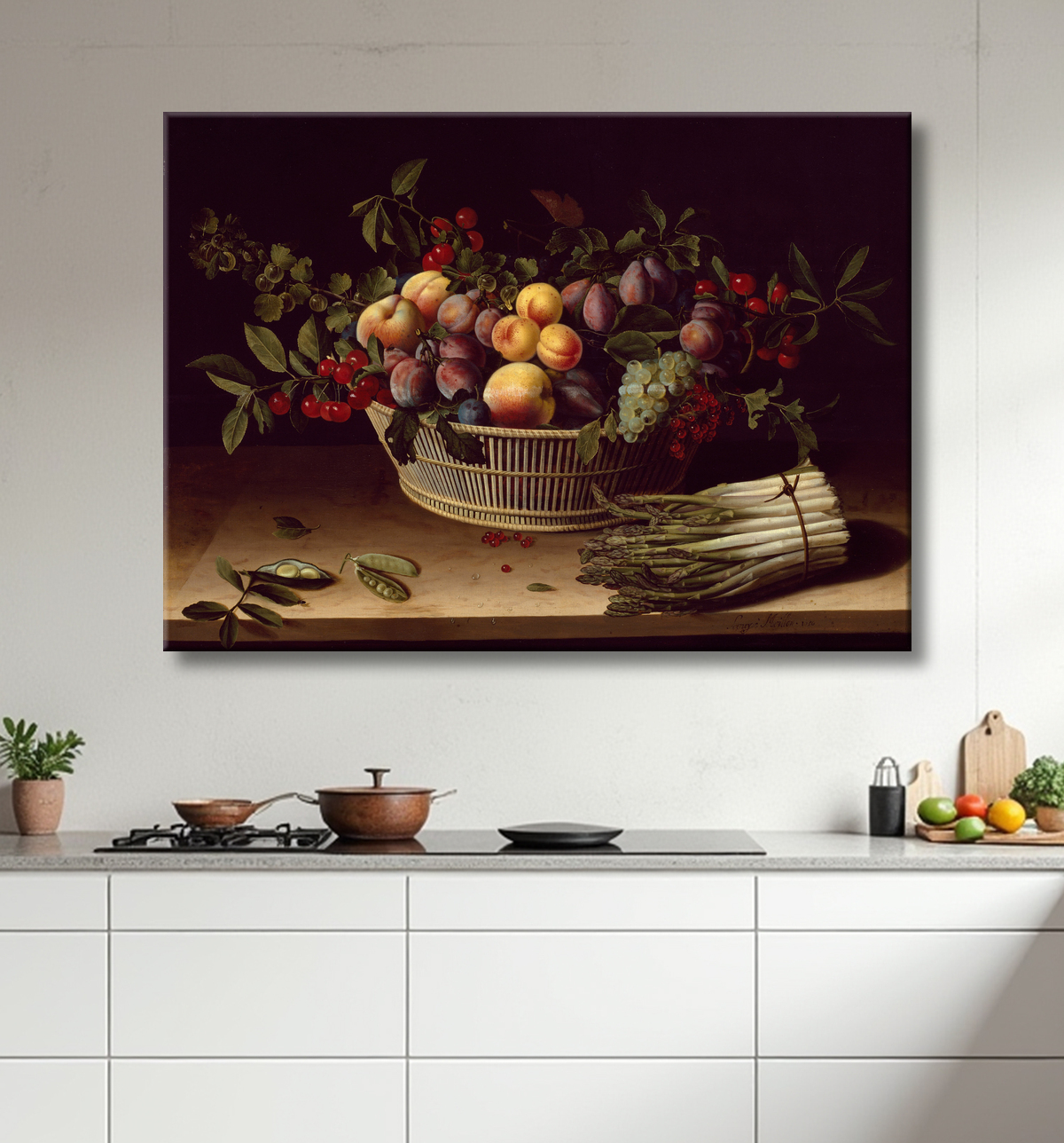 Reproduction Nature morte avec une corbeille de fruits et une botte d'asperges de Louise Moillon avec decor