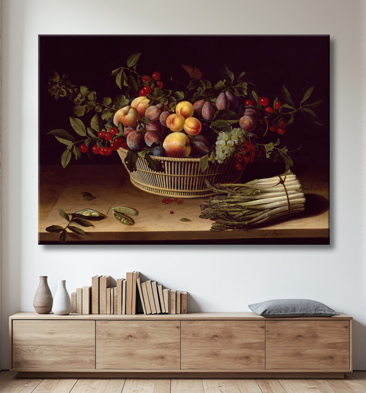 Reproduction Nature morte avec une corbeille de fruits et une botte d'asperges de Louise Moillon avec decor