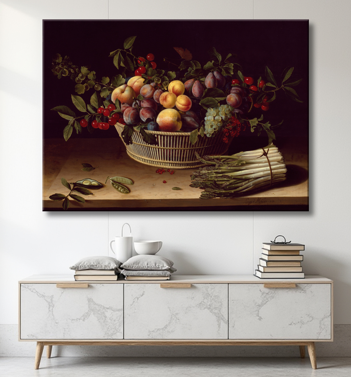 Reproduction Nature morte avec une corbeille de fruits et une botte d'asperges de Louise Moillon avec decor