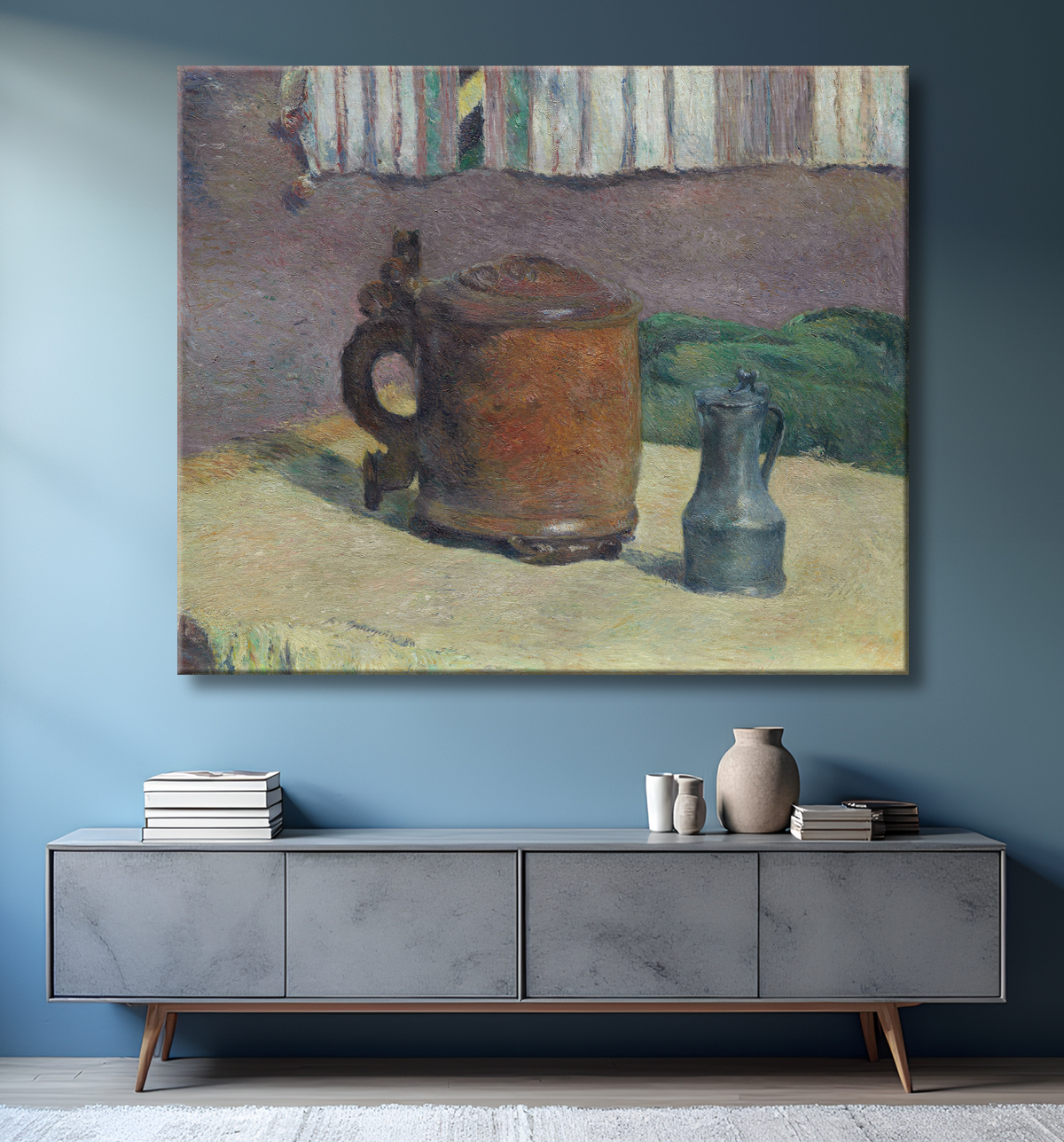 Reproduction Nature morte : chope en bois et pichet en métal de Paul Gauguin avec decor
