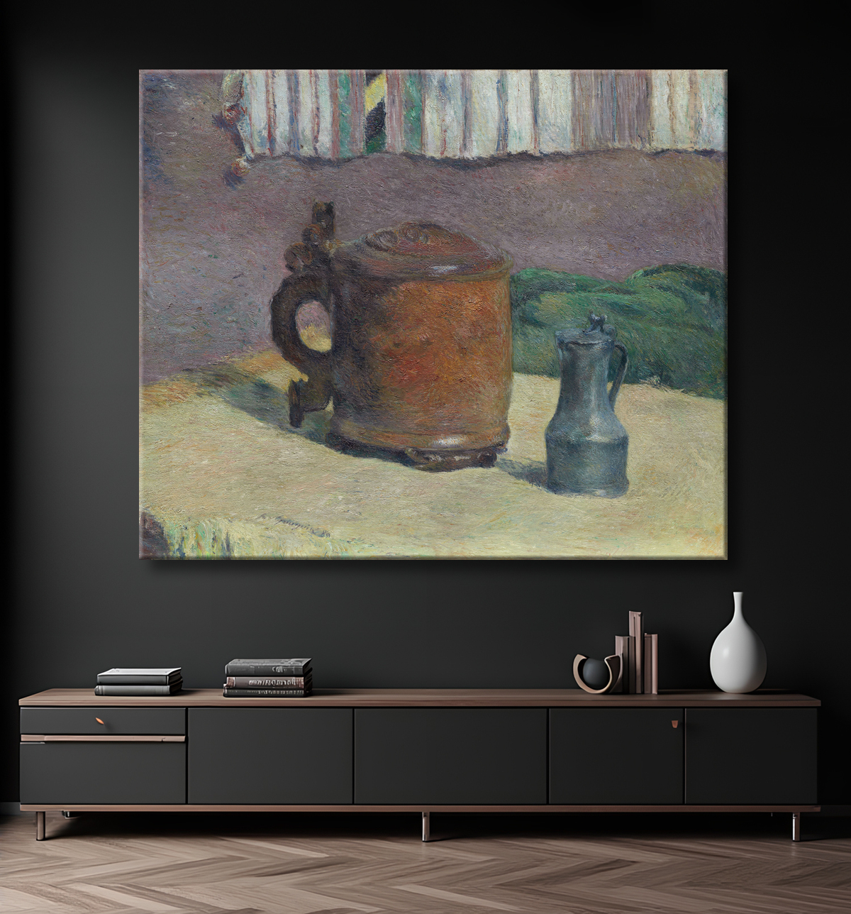 Reproduction Nature morte : chope en bois et pichet en métal de Paul Gauguin avec decor