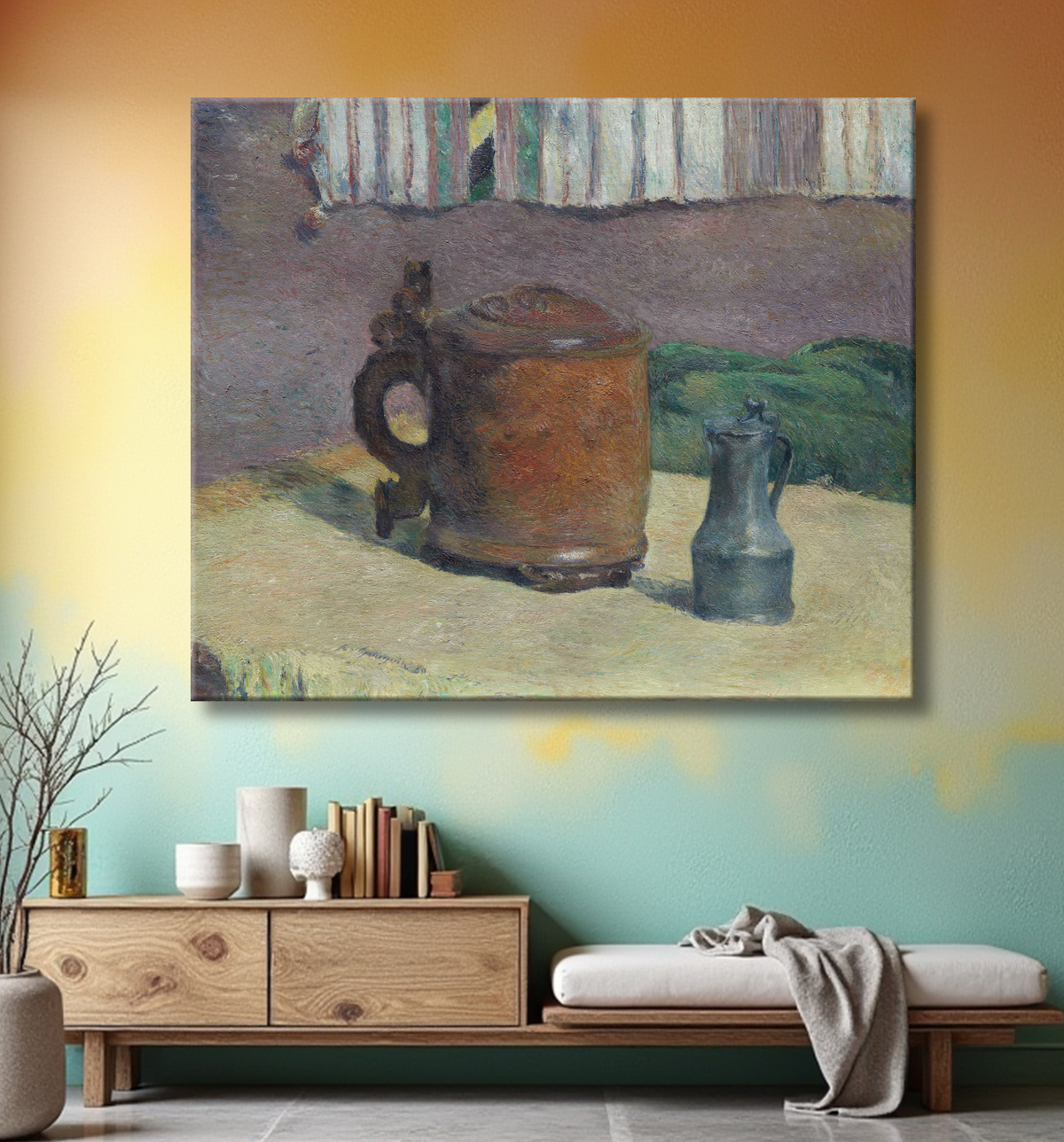 Reproduction Nature morte : chope en bois et pichet en métal de Paul Gauguin avec decor