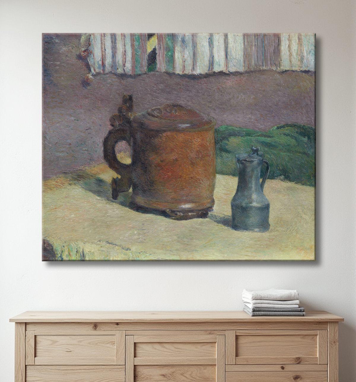 Reproduction Nature morte : chope en bois et pichet en métal de Paul Gauguin avec decor