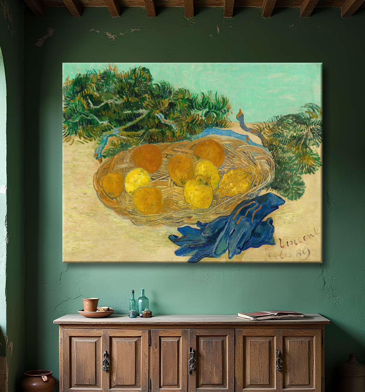 Reproduction Van Gogh : Nature morte d'oranges et de citrons avec des gants bleus avec decor